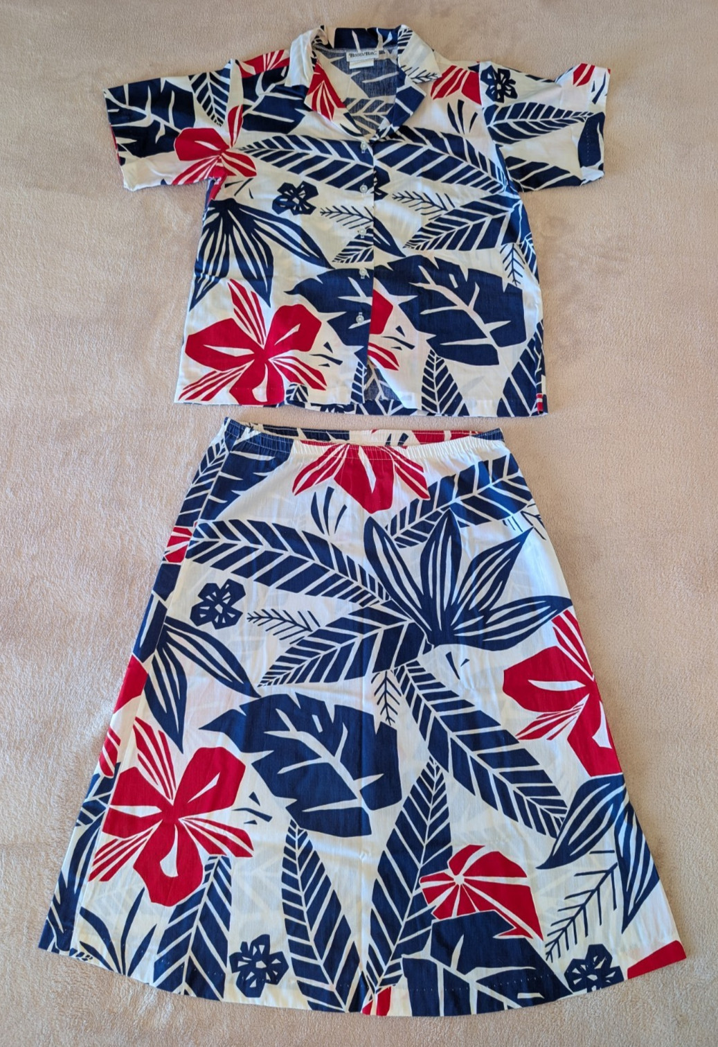 Vintage Booth Bay Tropical Hawaiian Shirt & Skirt Size 11/12 Red, White, Blue