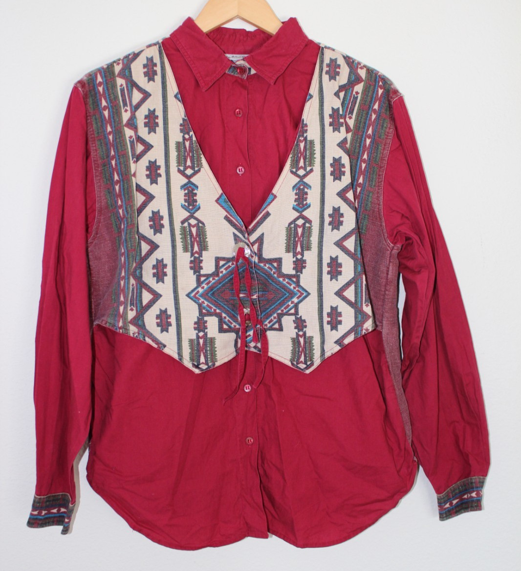 Vintage 90s Adobe Rose Western Southwestern Red Faux Vest Shirt Top Women L