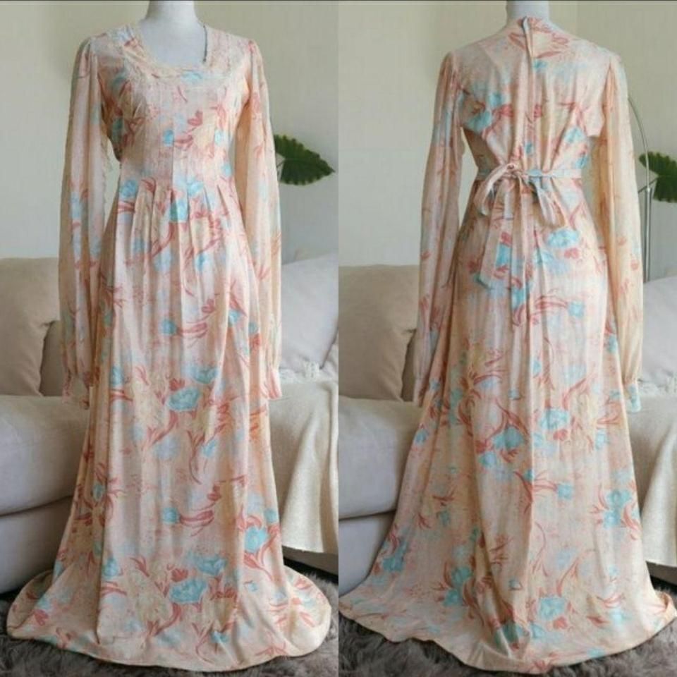 Vtg 1970s S Sheer Sleeve Orange Floral Print Coral Prairie Tie Long Sleeve Dress