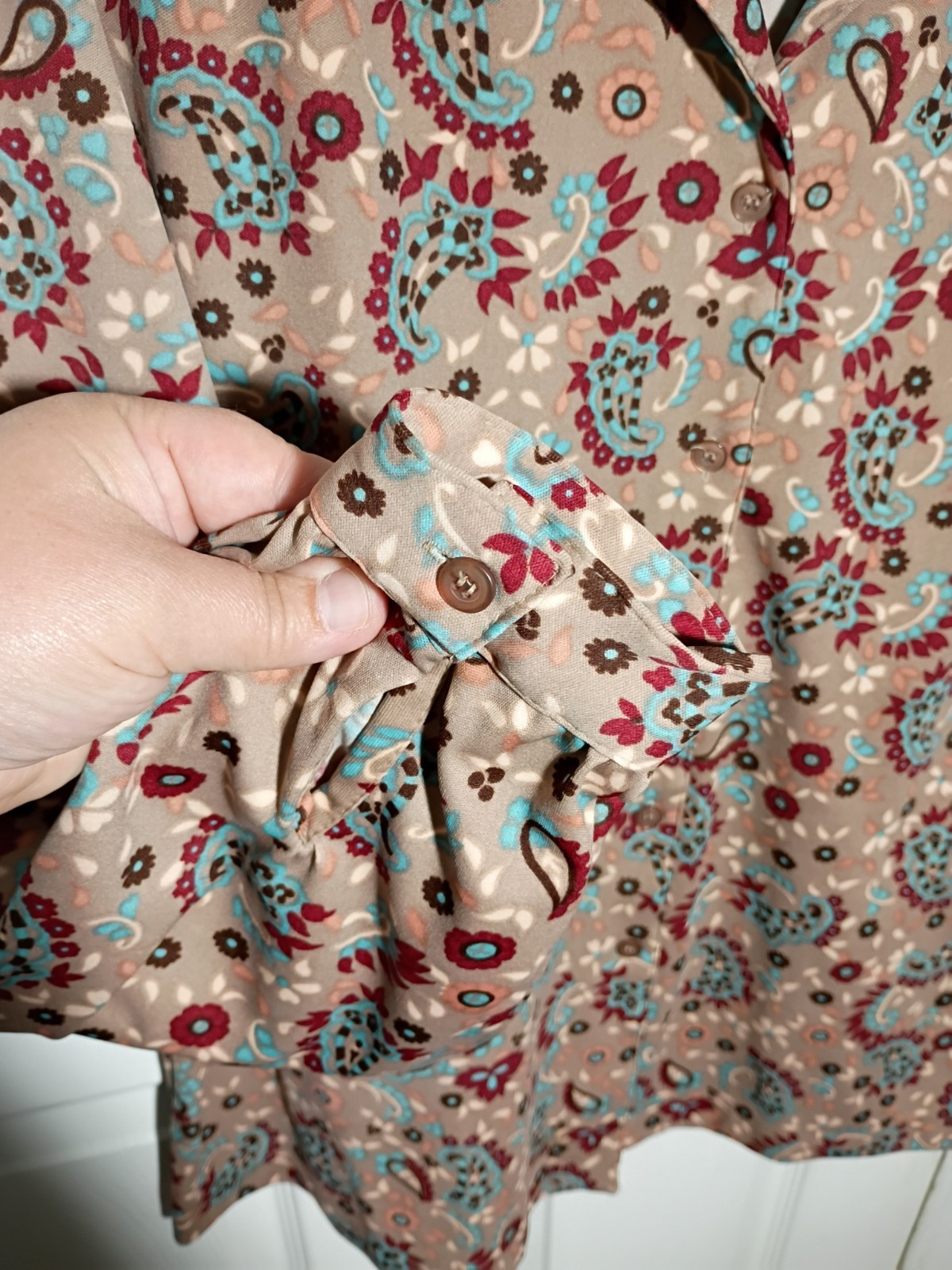 Sears The Fashion Place Vintage LS Brown Paisley Collared Button Blouse 40/L