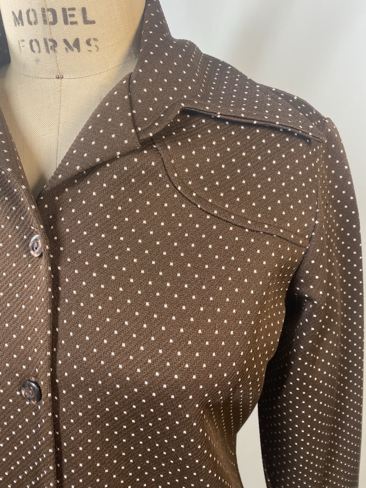 Women’s Vintage Top SIZE LARGE 14 brown polka dot yoke 60s 70s point collar
