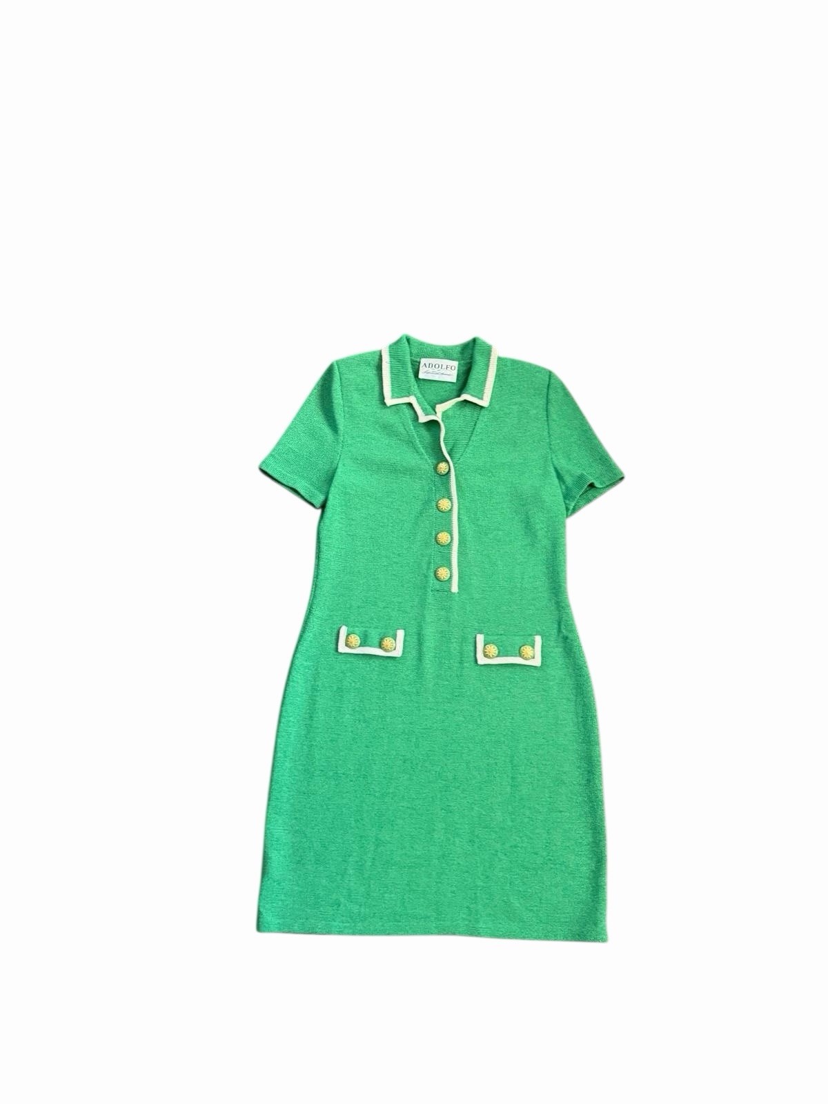 Adolfo vintage green knit polo dress with white trim and gold-tone buttons