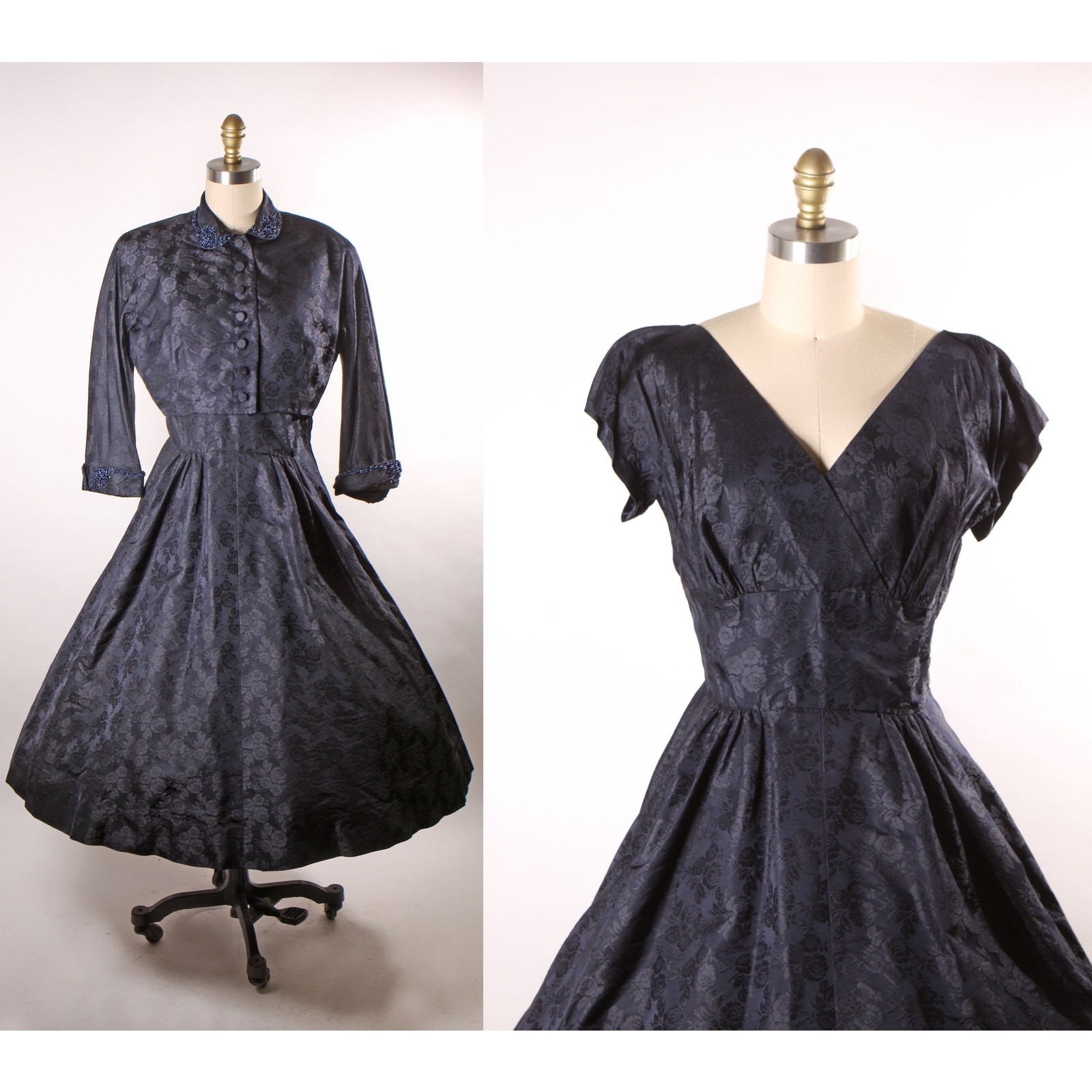 1950s Dark Navy Blue Floral Short Sleeve Dress with Matching Beaded Jacket