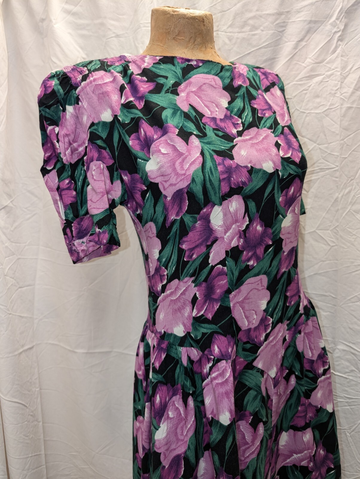 1980’s Black Purple Green White Rayon Dress by Country Romance Size 7/8