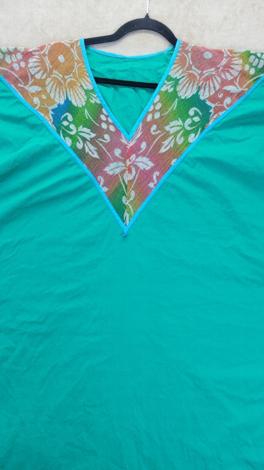 Vintage Womens Teal Muumuu With A Multi Colored Cheese Cloth Vneck Design