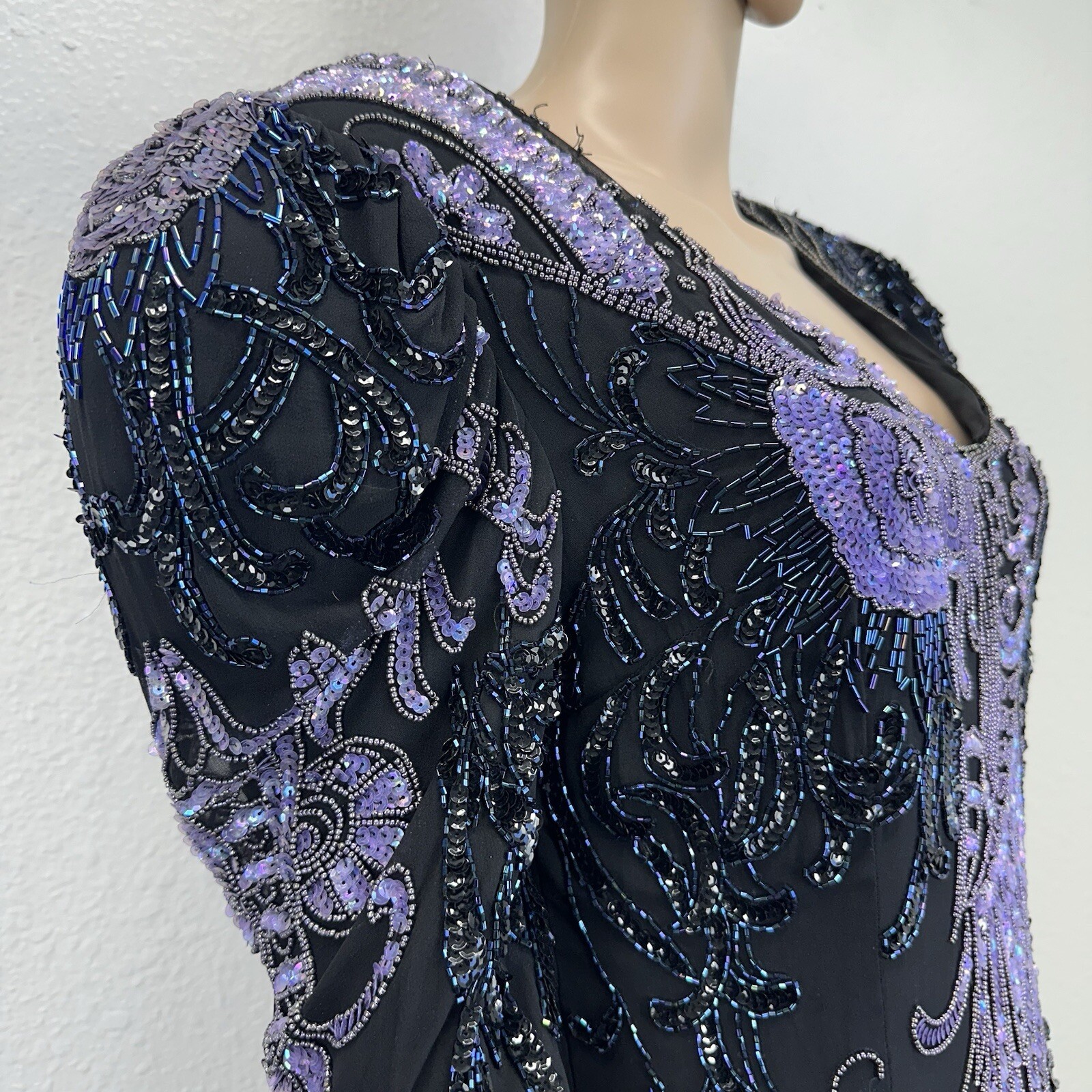Vtg Fully Beaded Sequin Silk Mini Dress Tunic Peacock Great Gatsby Dancer M