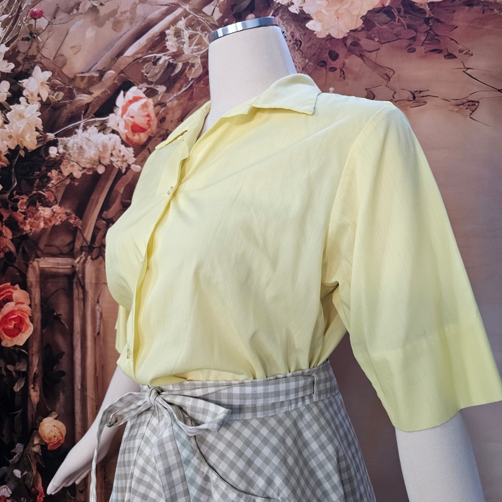 Vintage 1960s Yellow Button Down Blouse Short Sleeve Dacron Cotton Shirt Size 38