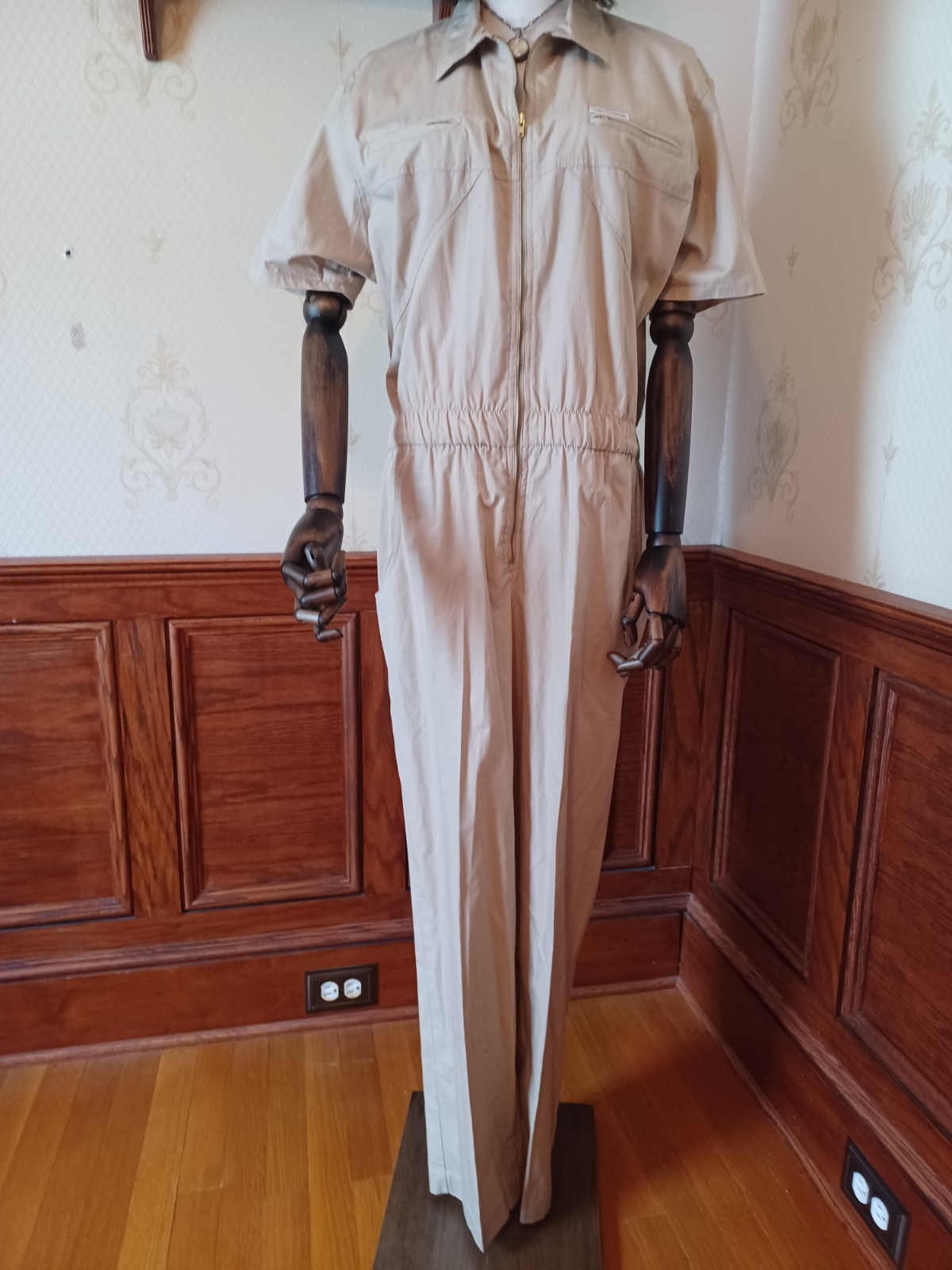 Vintage 1980s Saint Germain Paris Boho/Utilitarian Tan 100% Cotton Jumpsuit