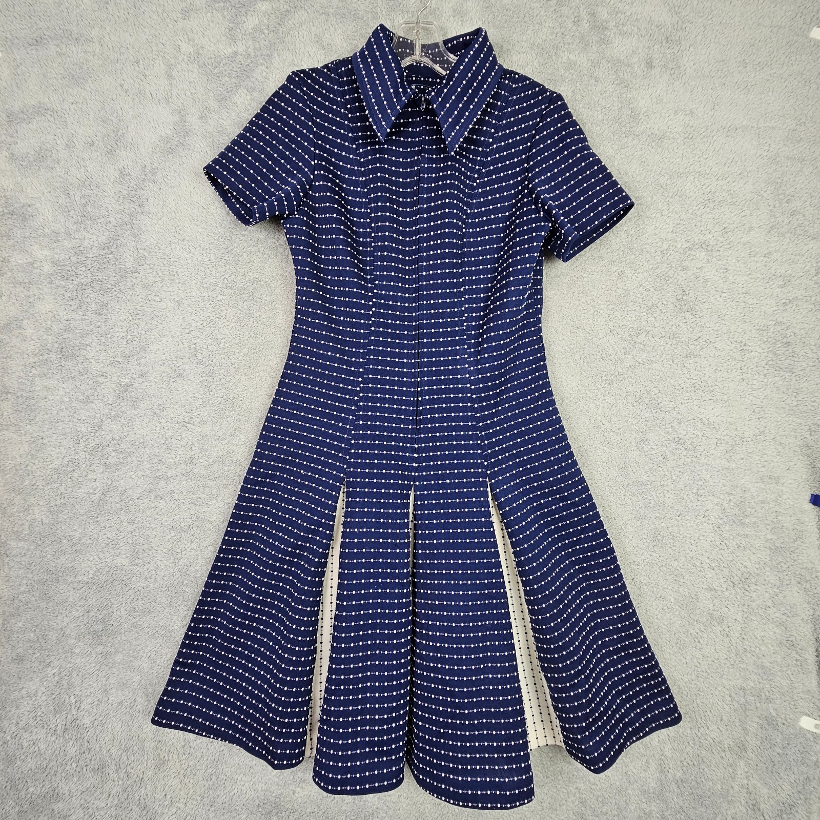 VTG 70s Womens Swing Dress S Blue Collared Zip Up Short Sleeve Inverted Pleats