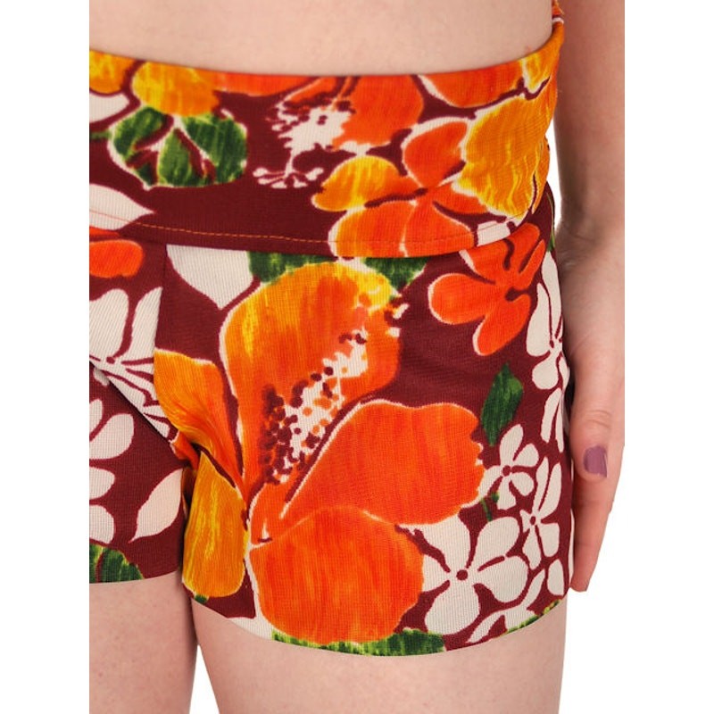 VTG 70s Hawaiian Bikini Set Halter Bra + Boy Leg Shorts Retro Swim S/M