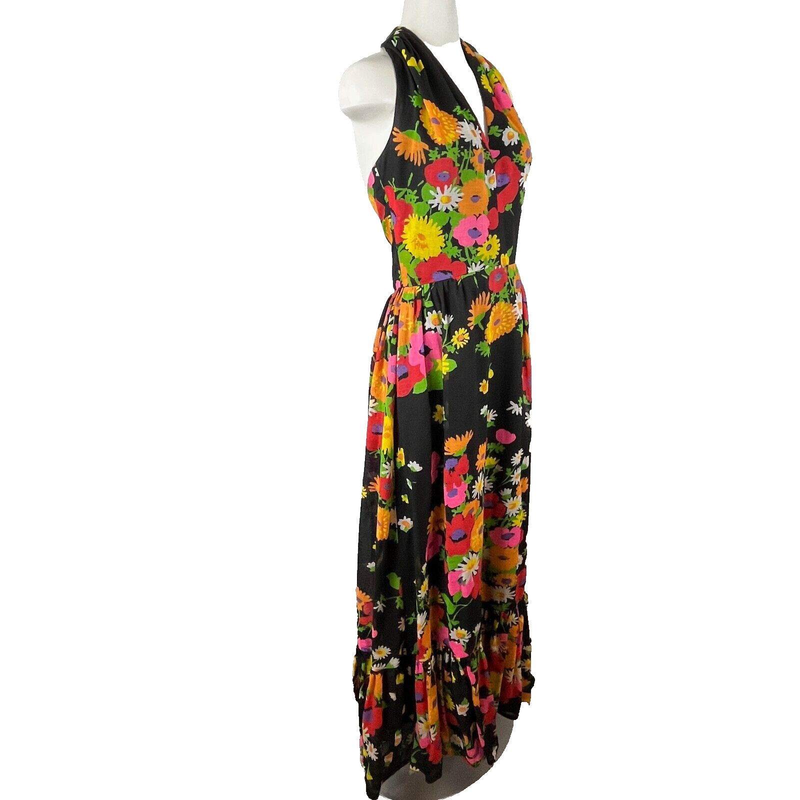 Vintage 70s Lilli Diamond Halter Dress Maxi Floral Print Bohemian Glam Sz Small