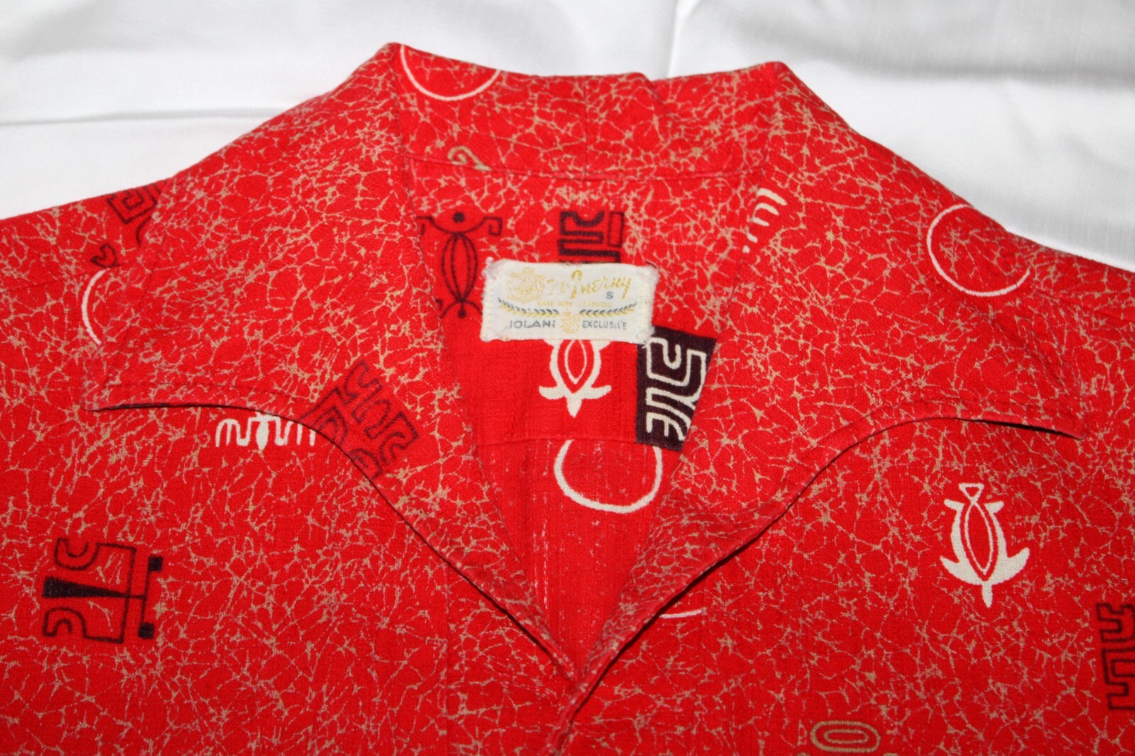Iolani Hawaiian Shirt Red White and Brown Original Tag 3/4 Sleeve