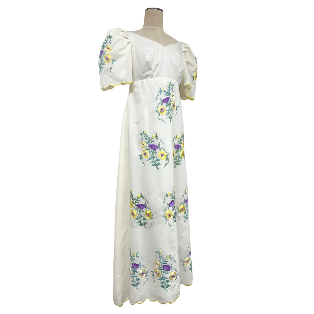 Vintage 1960s La Roncal Olongapo Filipiniana Puff Sleeve Embroidered Dress