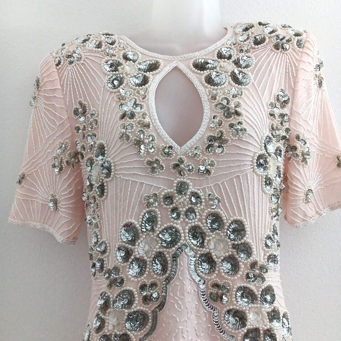 Jennifer Evening Gown Medium Light Pink Midi Silk Bead Sequin Keyhole NEW Bridal