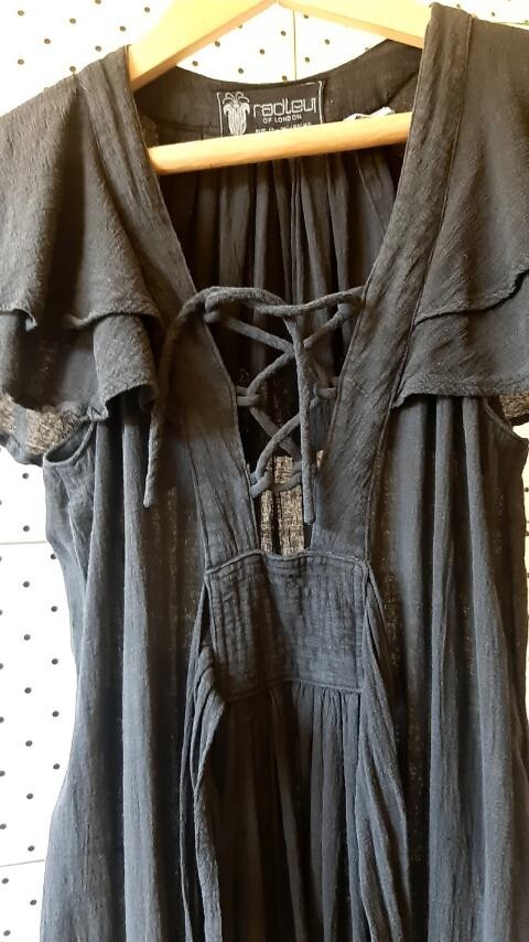 Vintage RADLEY London Black Maxi Sexy Cotton Dress Wing Sleeves Size 12-36″/91cm