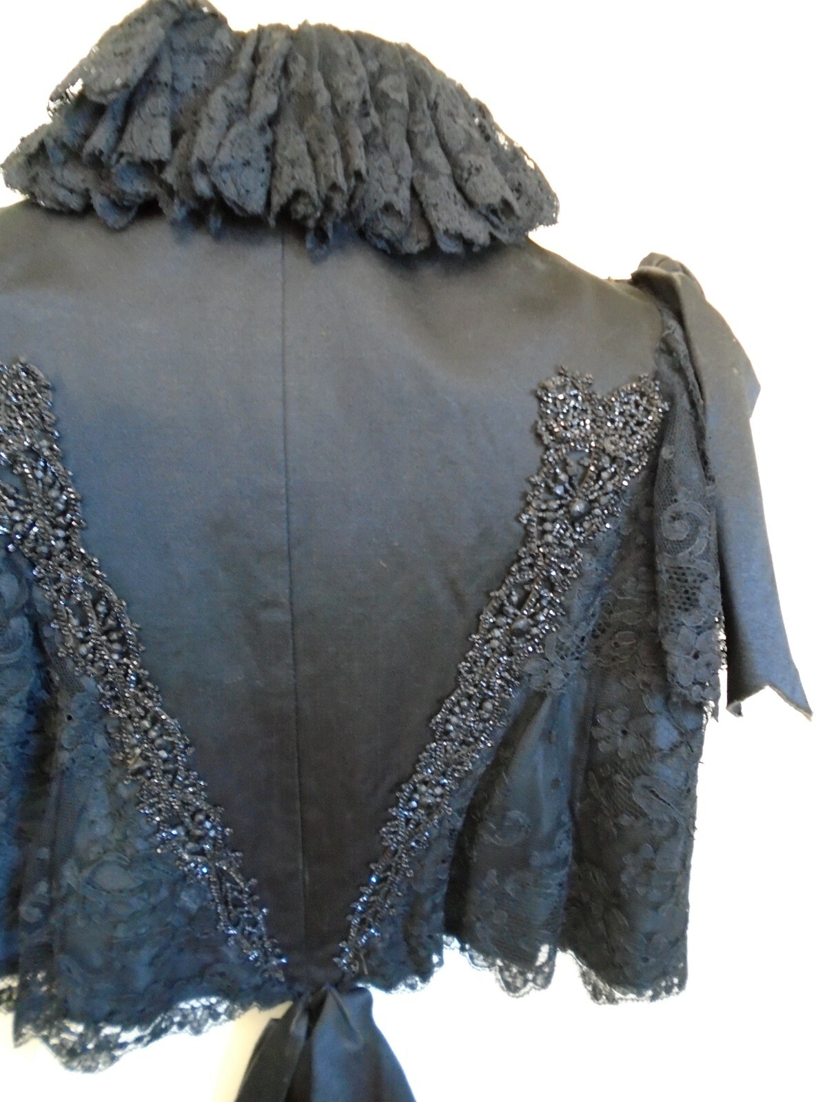 Original c 1870/1890 Victorian Silk Satin Cape Jet Beaded Ribbon/Lace Ruffles