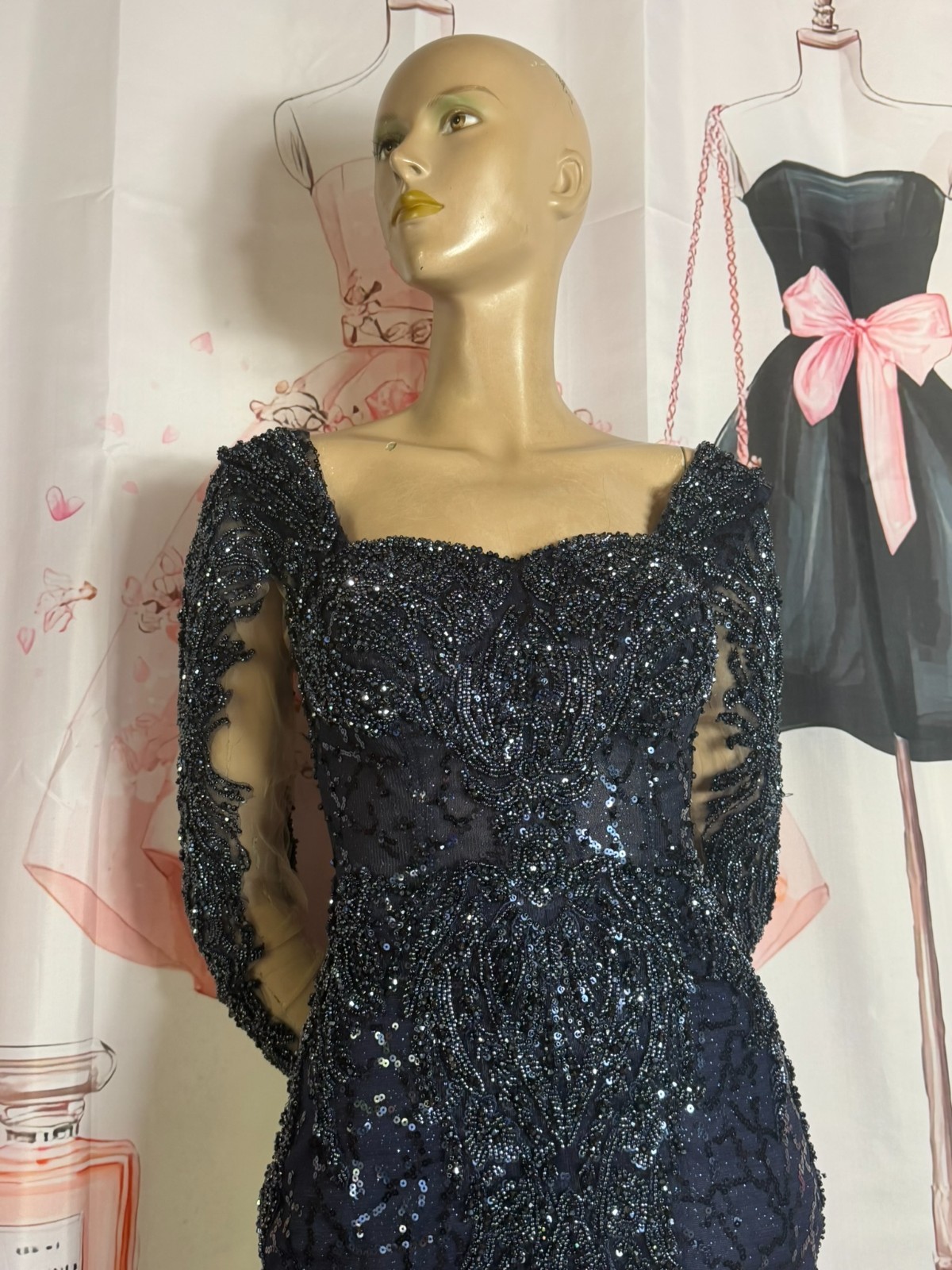 Vintage 80s 90s Mermaid Dress Gothic Wedding Beaded Evening Gown Train 32 34