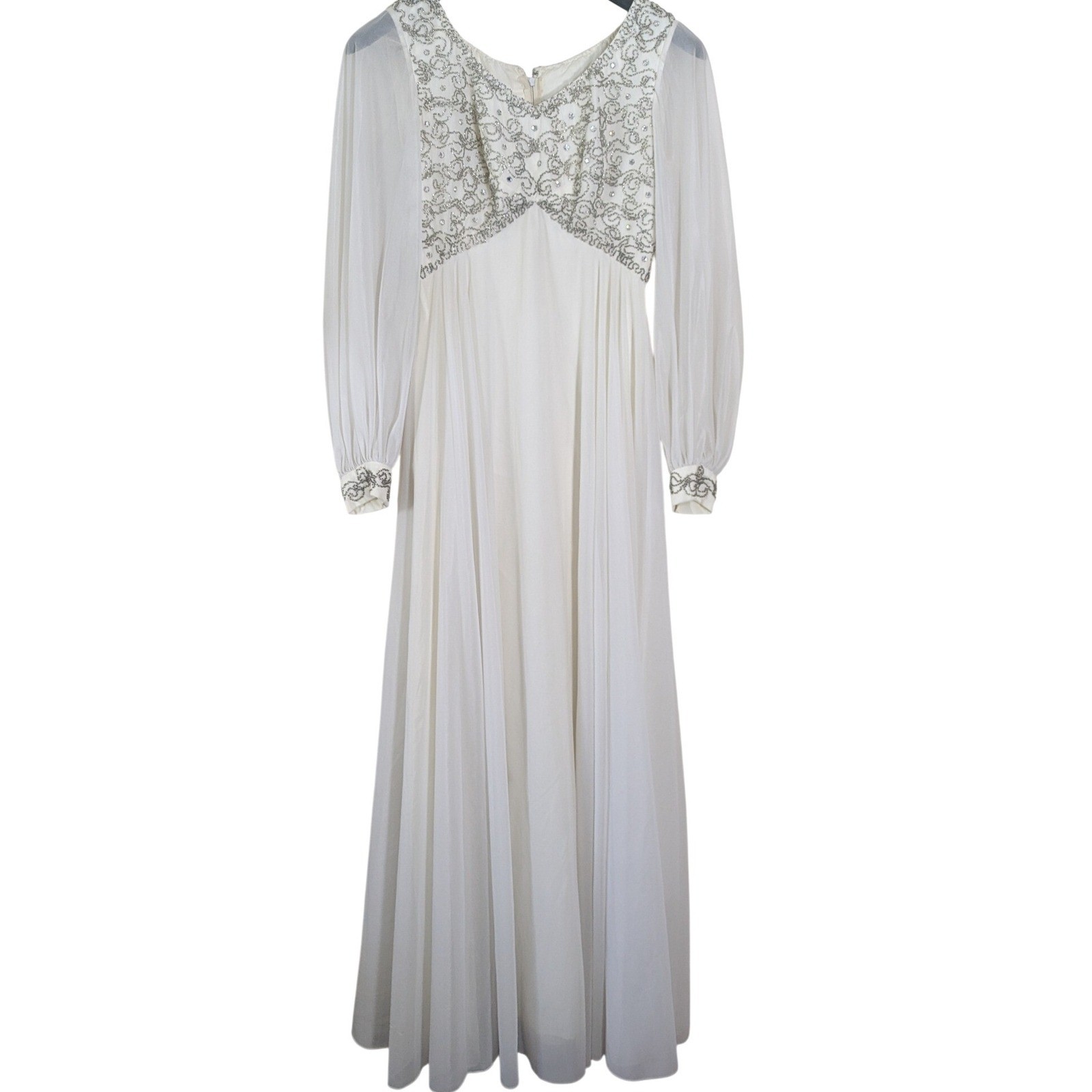 Vintage 70s Angel Fairy Dress 12 Ethereal Beaded Mesh Regency Gown Bridal