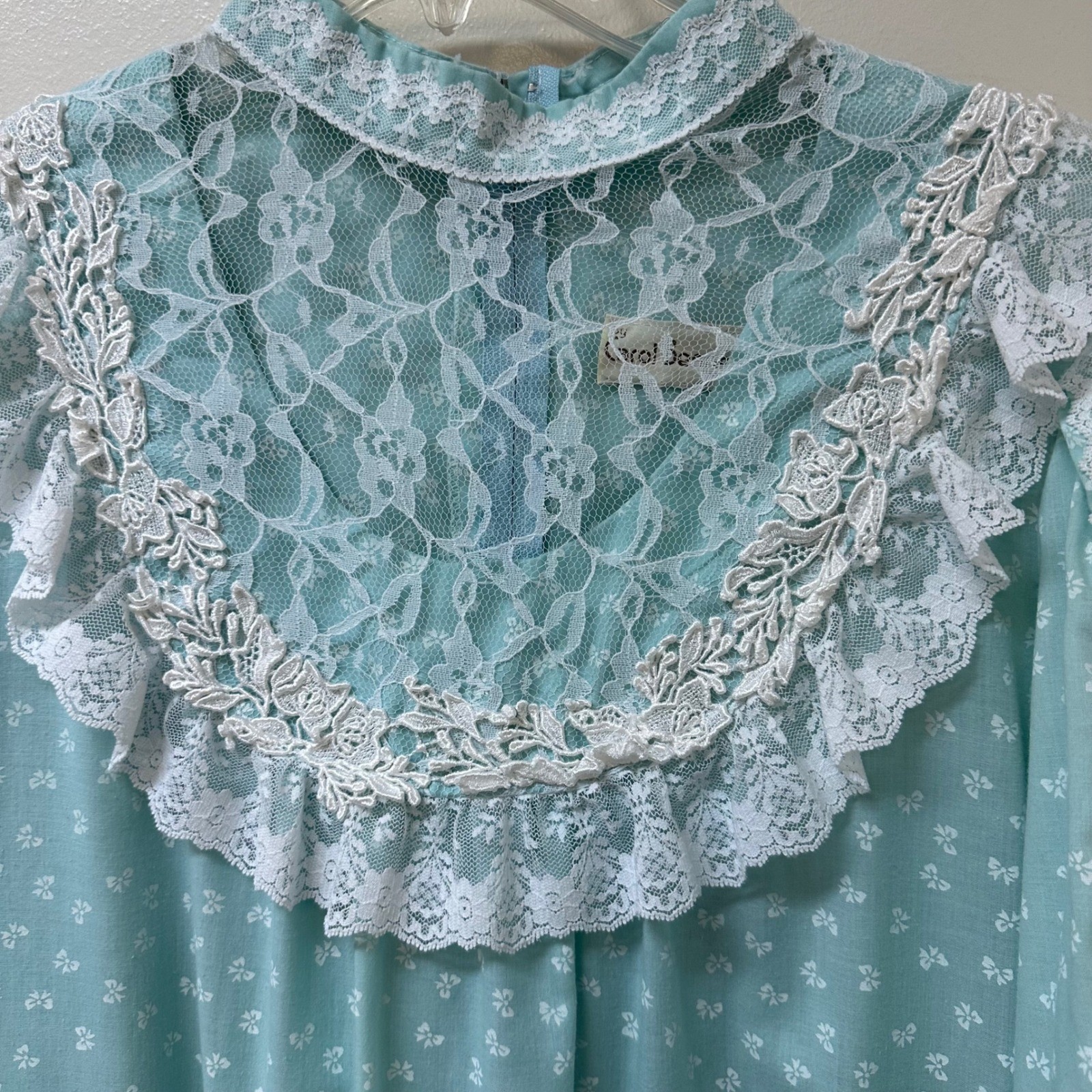 Carol Bennett Hawaii Vintage Blue Bow Print Lace Ruffle Maxi Dress 70s Prairie