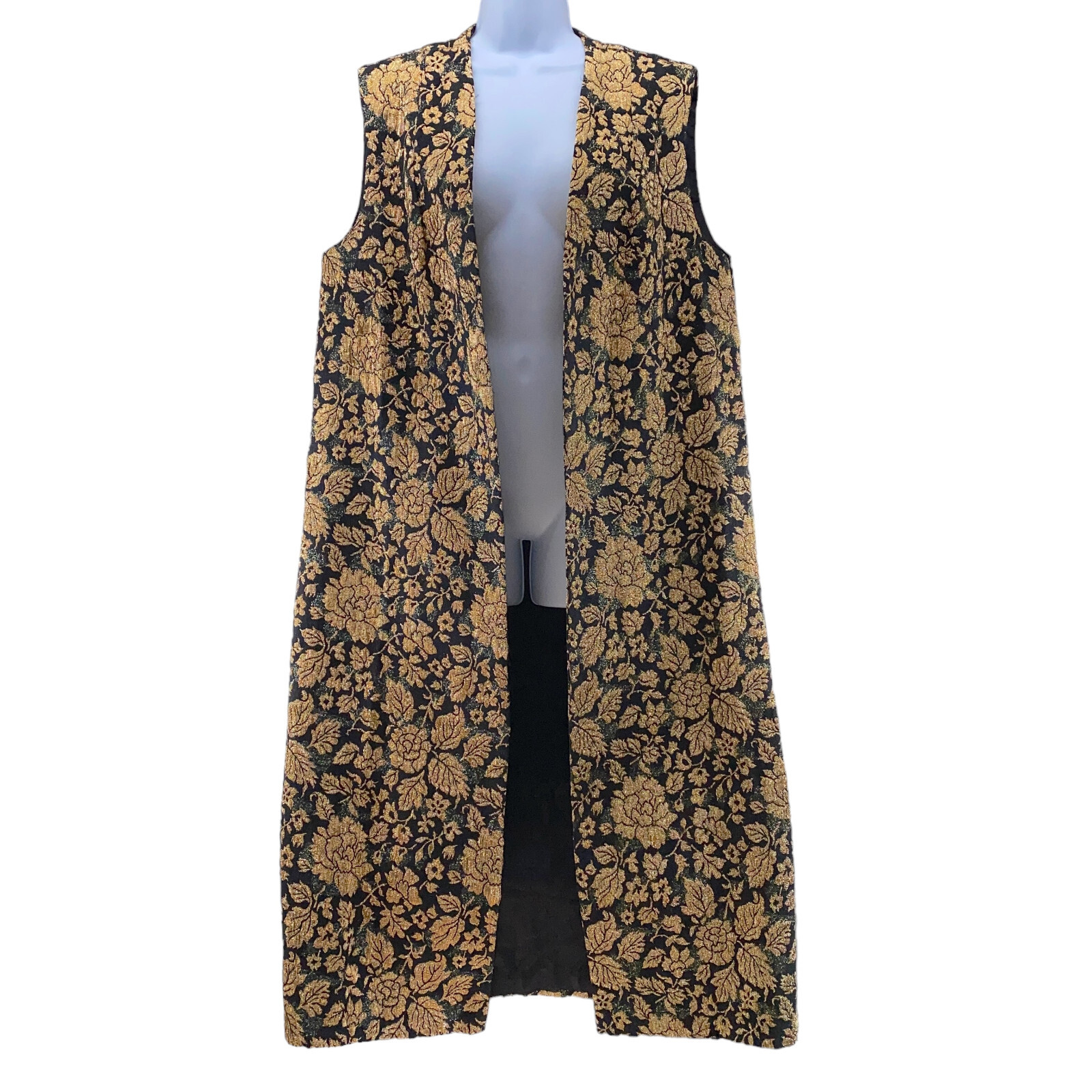 Sillas Vintage 1950s Maxi Vest Black Gold Brocade Floral Side Slits Italy Miami
