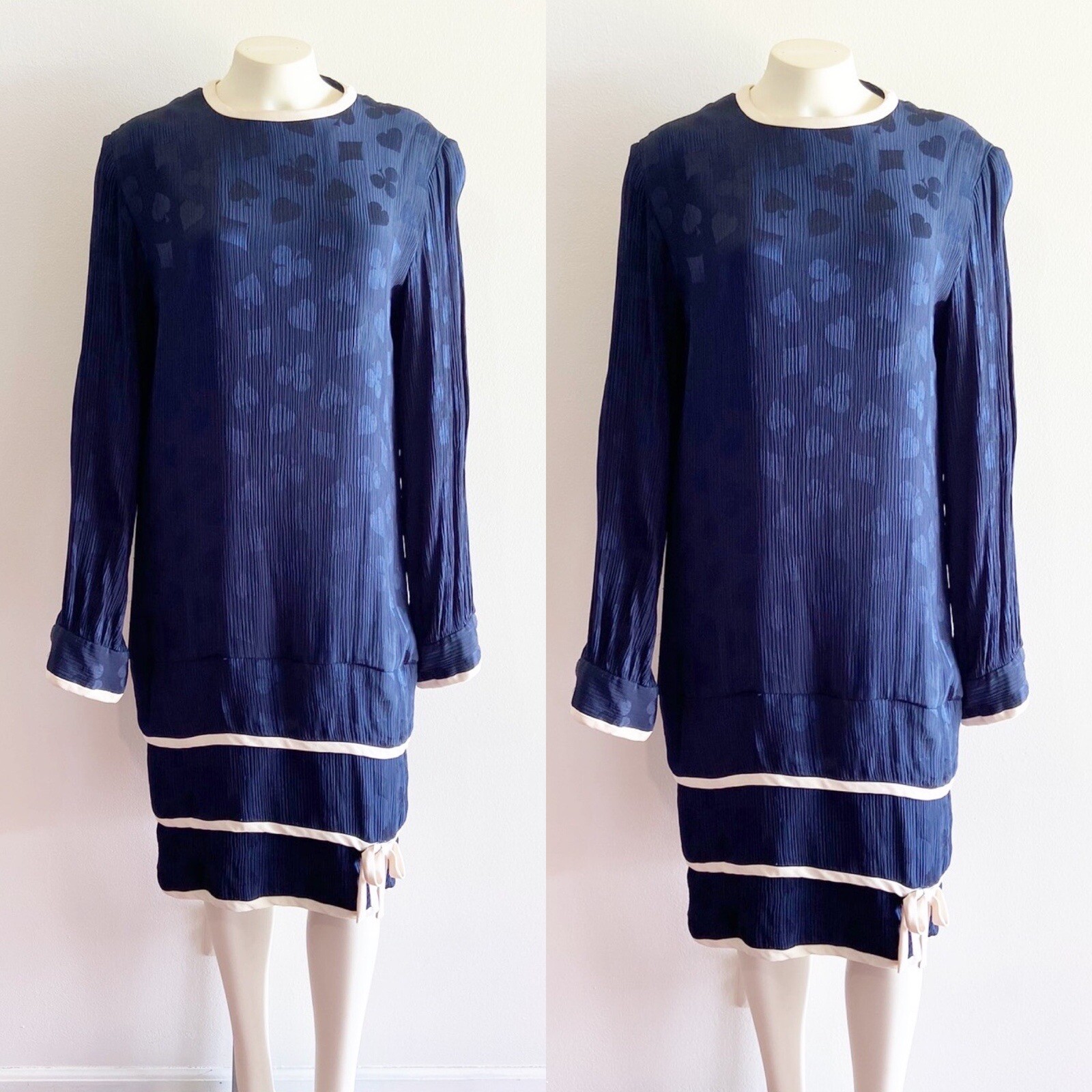 Stanley Platos Card Suit Silk Vintage Navy Long Sleeve Dress 80s 1980