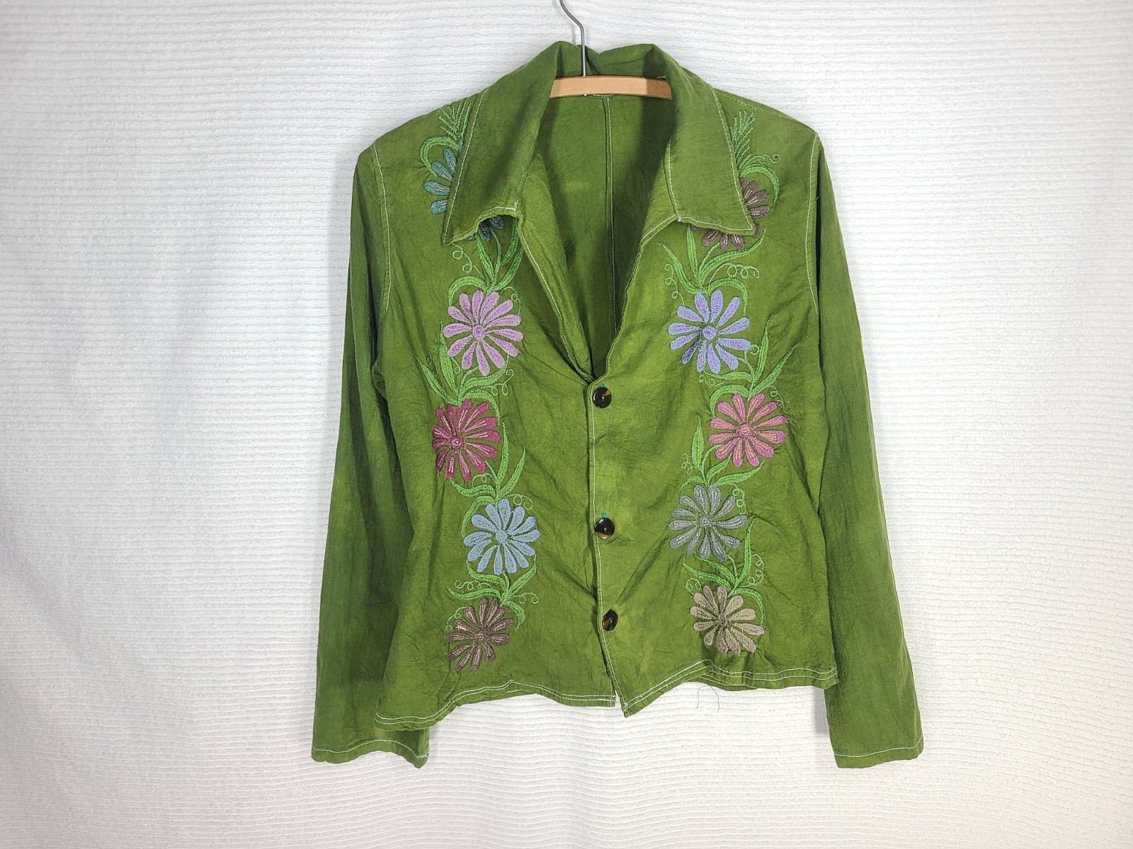 Vintage Embroidered Cotton Shirt M L Hand Dyed Boho Purple Flower Western Boho