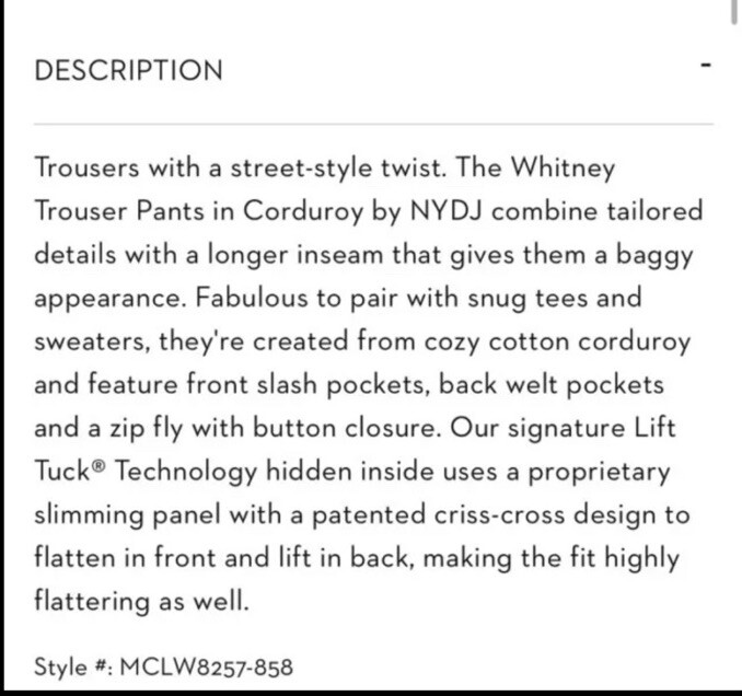NYDJ Women’s Size 14 Black Ribbed Corduroy Pants Whitney Trouser NWT 100% Cotton