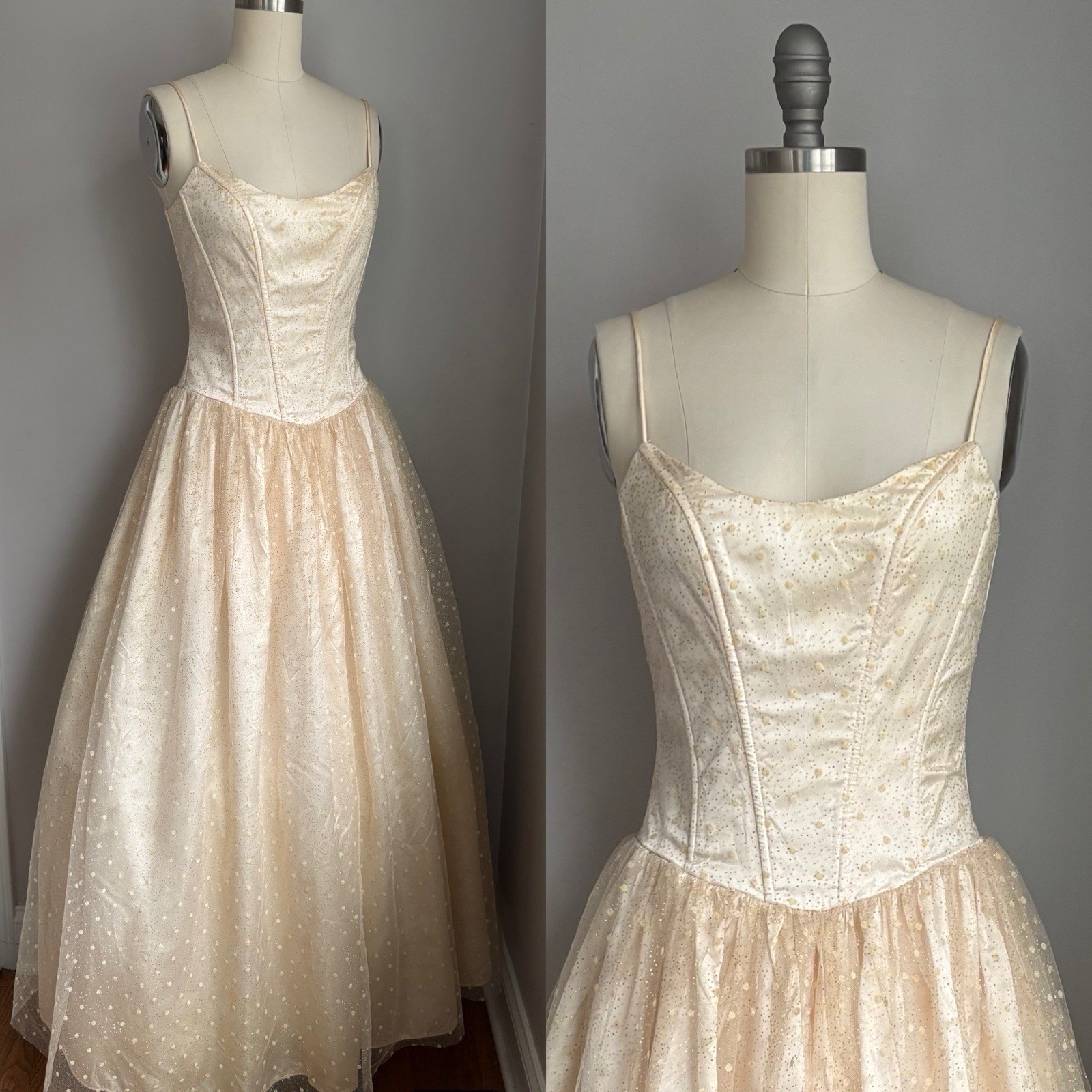 Vintage 90’s Champagne Tulle Gold Metallic Gunne Sax Prom Party Dress Gown XS/S