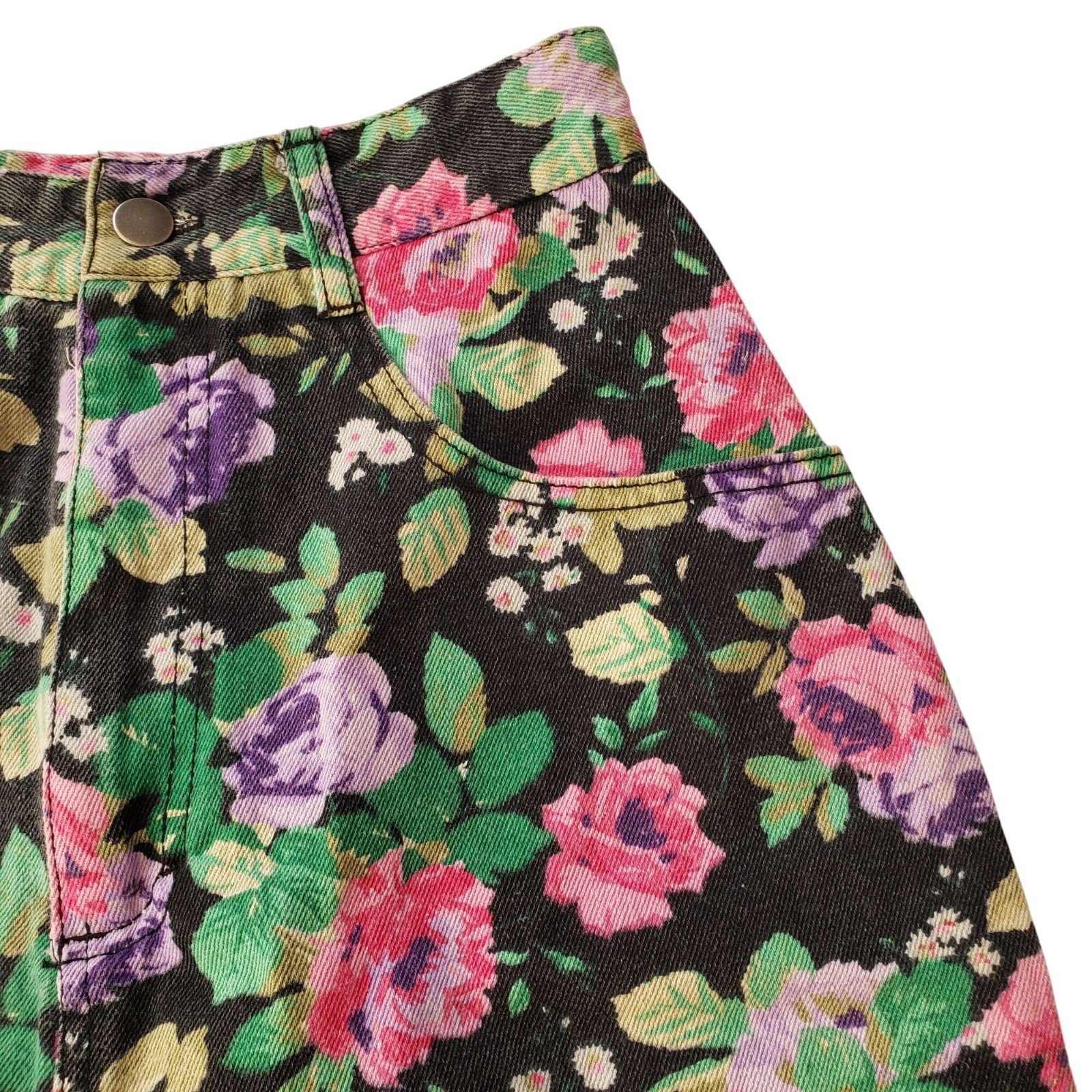 Vintage 80s 90s Floral Denim Skirt XS Breaker Jeans Pinch Waist Retro Mini