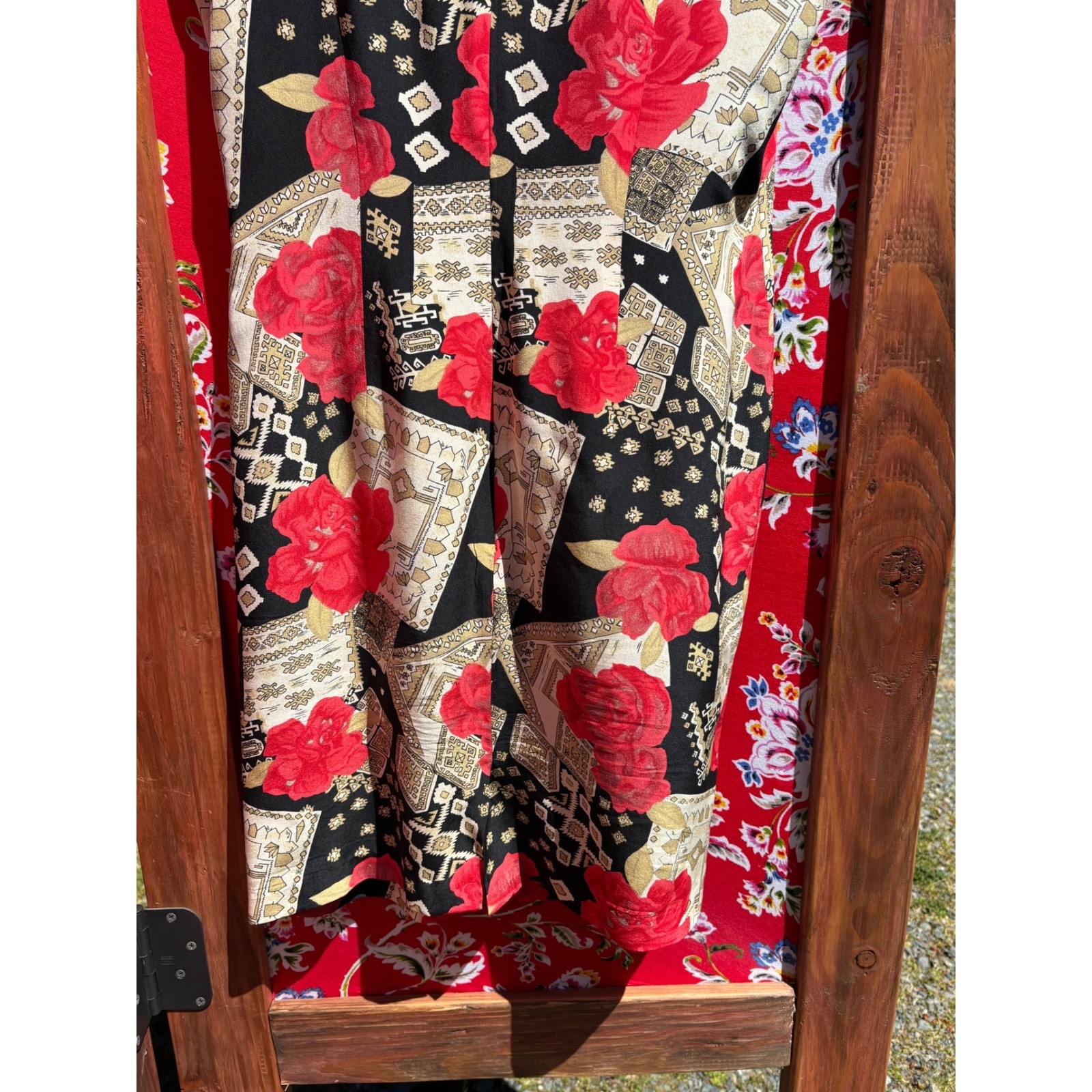 100% Silk Vintage Red Black Patchwork Print Boho Chic Euro Summer Dress Size S-M