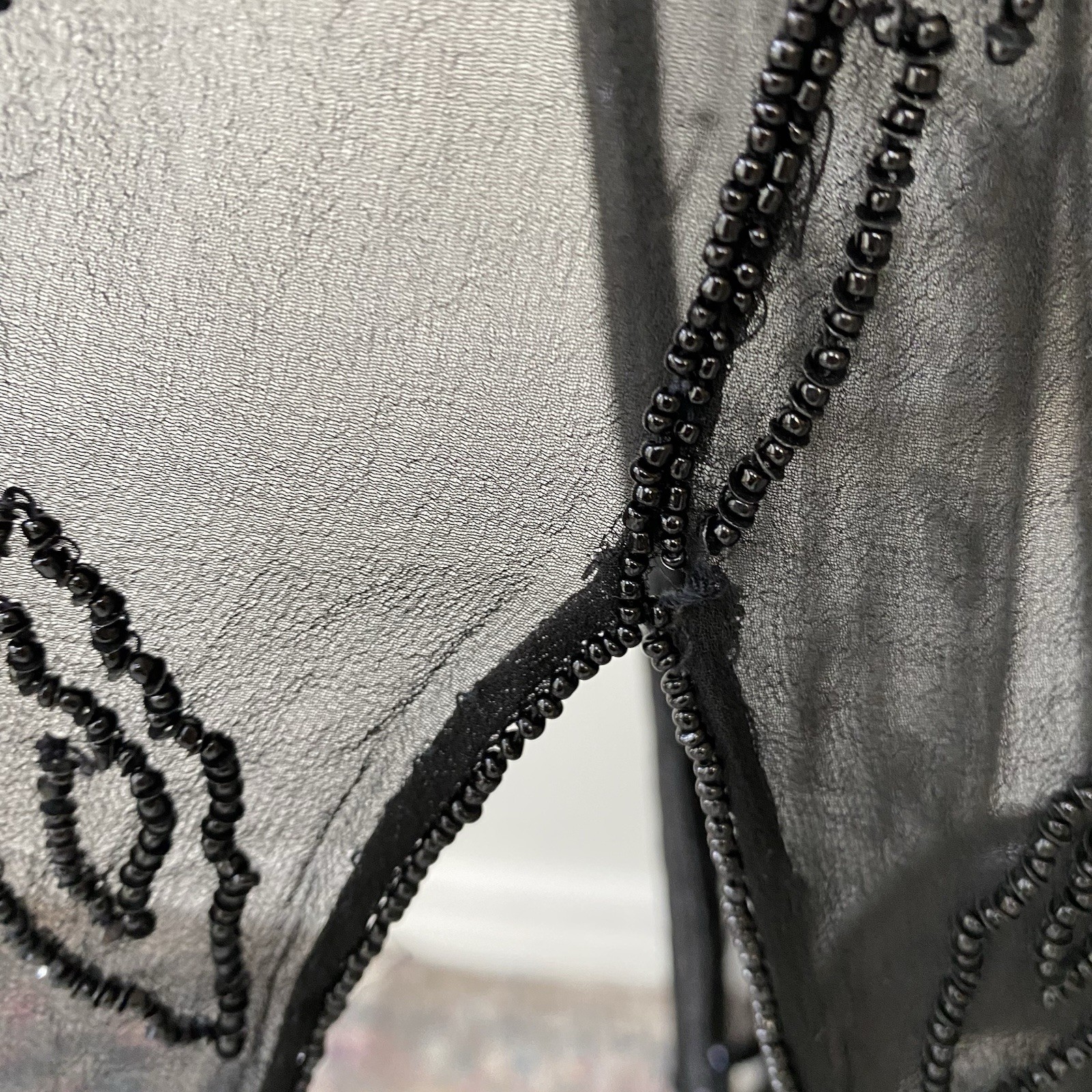 Sheer Black Beaded Duster Cardigan Whimsigoth Kimono Witchy Silk? OSFM 20″ PTP