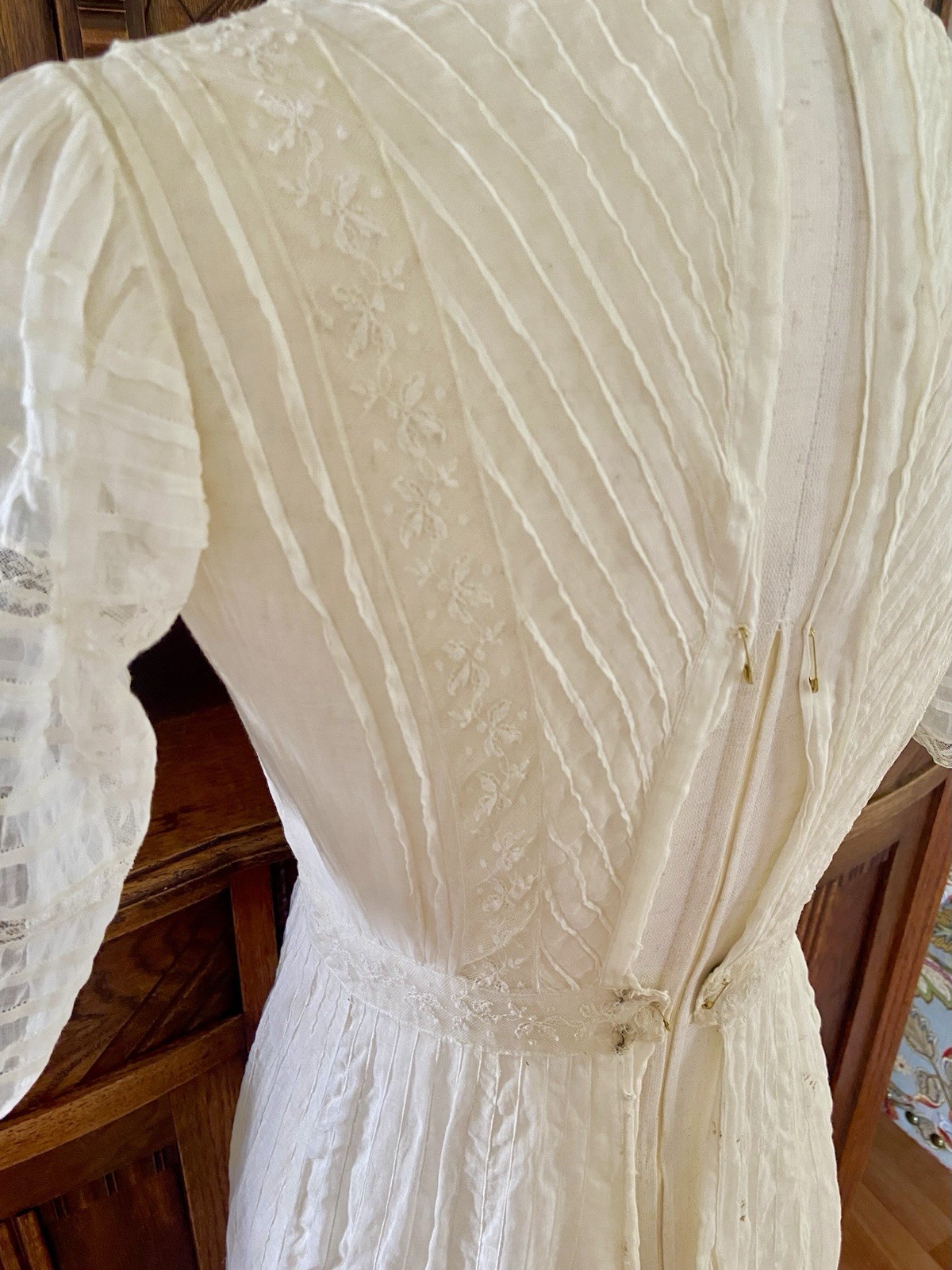 1907 Antique Embroidered Edwardian Era White Muslin Lace Dress “Hazel Slifir” 13