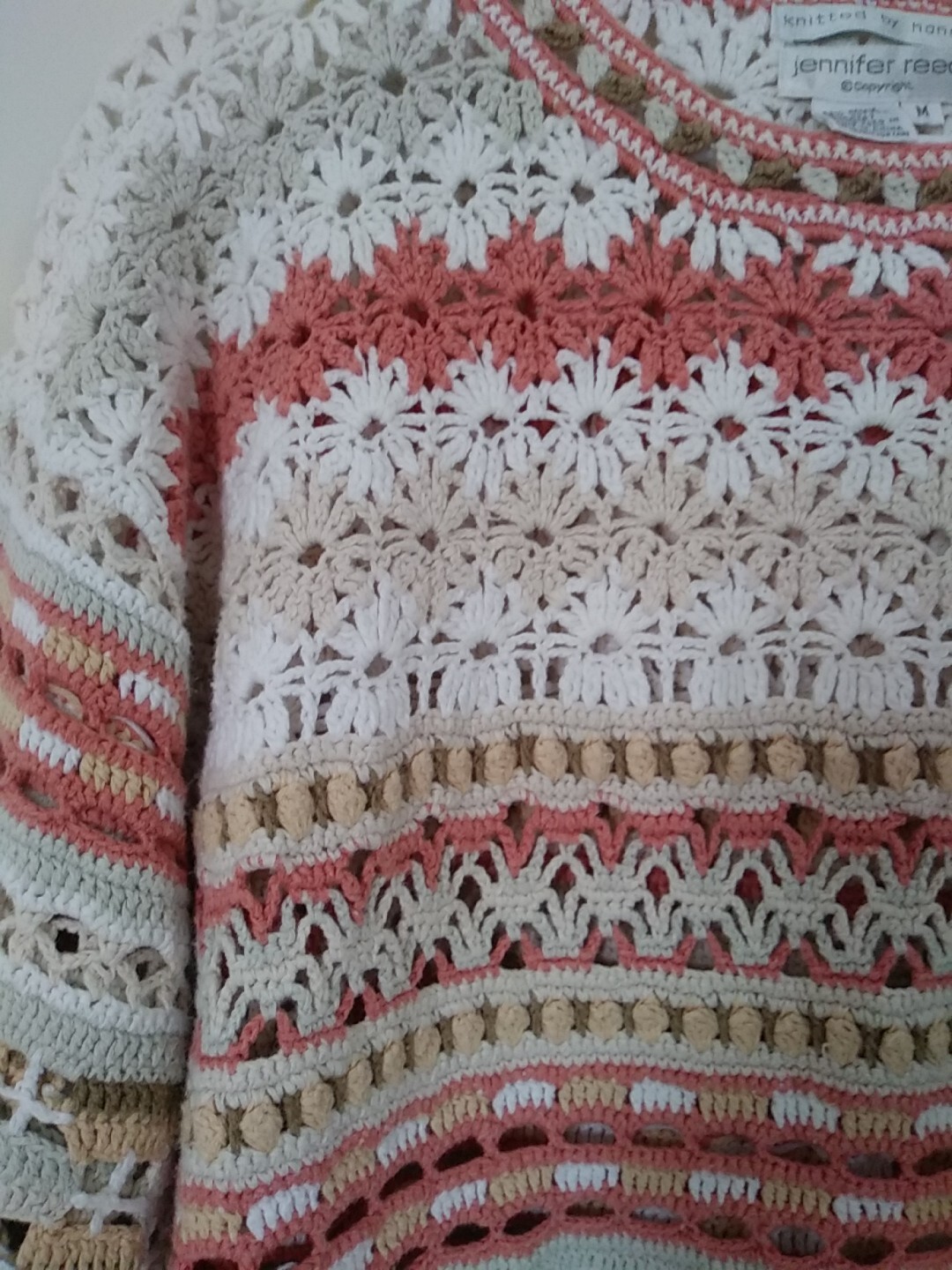Vintage Hand Crochet knit Sweater Tunic Sz Med-Lg Granny Cottage Core