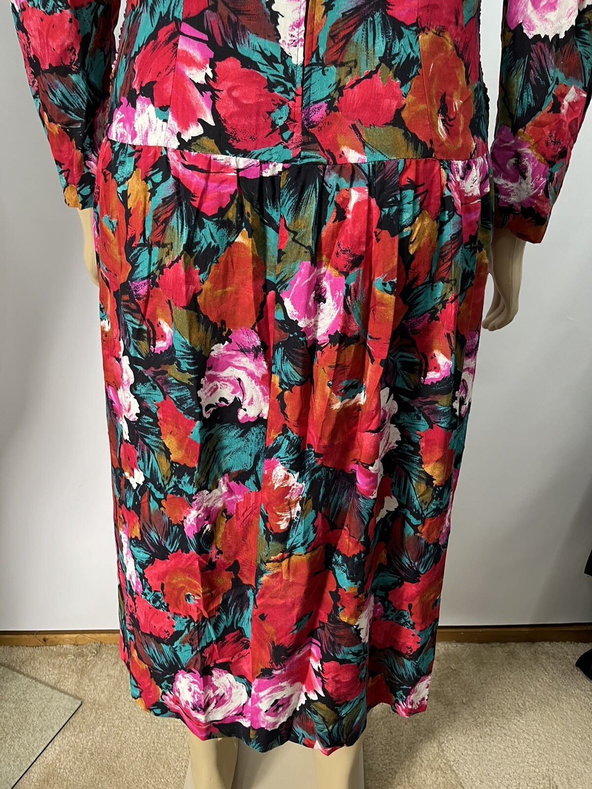 Vtg 80s Midi Tea Dress Smocked Floral Shawl Collar Bow Sz 14 LG Shoulder Pads