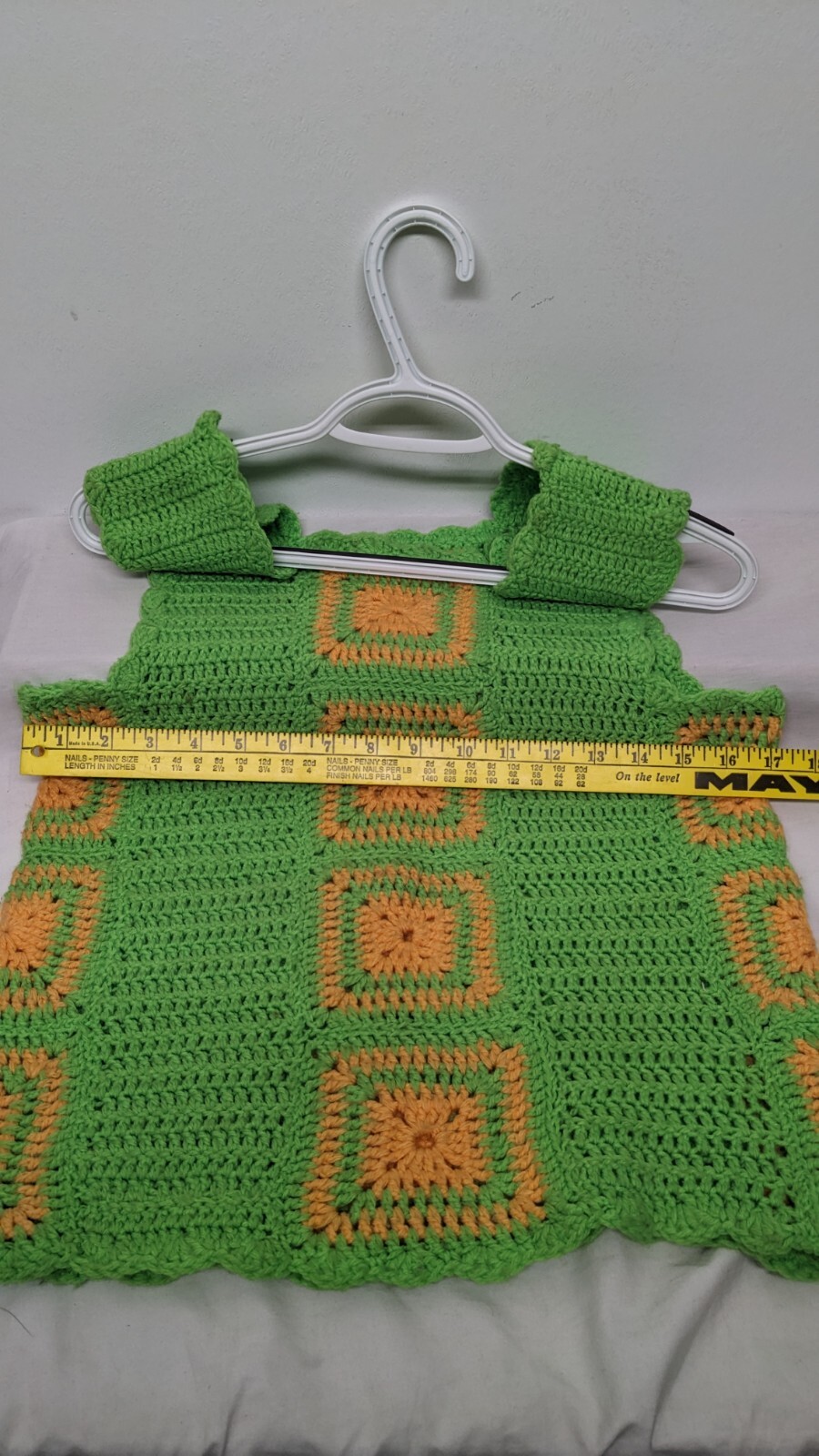 Vtg Handmade Granny Core Square Vest, Tank Top Lime/Orange Chest 17″X Length 23″