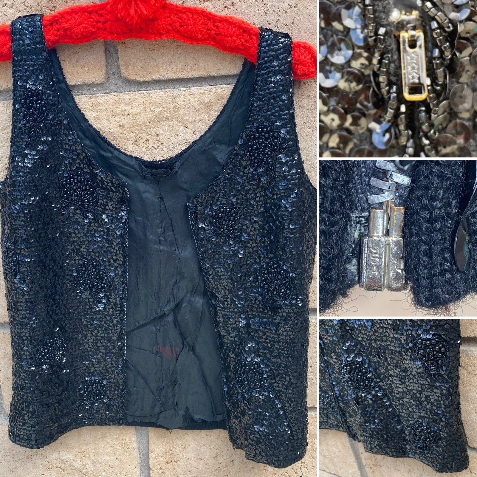 Black Sequin Beaded Wool Top Hong Kong Metal Zip Pinup Glam Tank S 50s 60s Vtg
