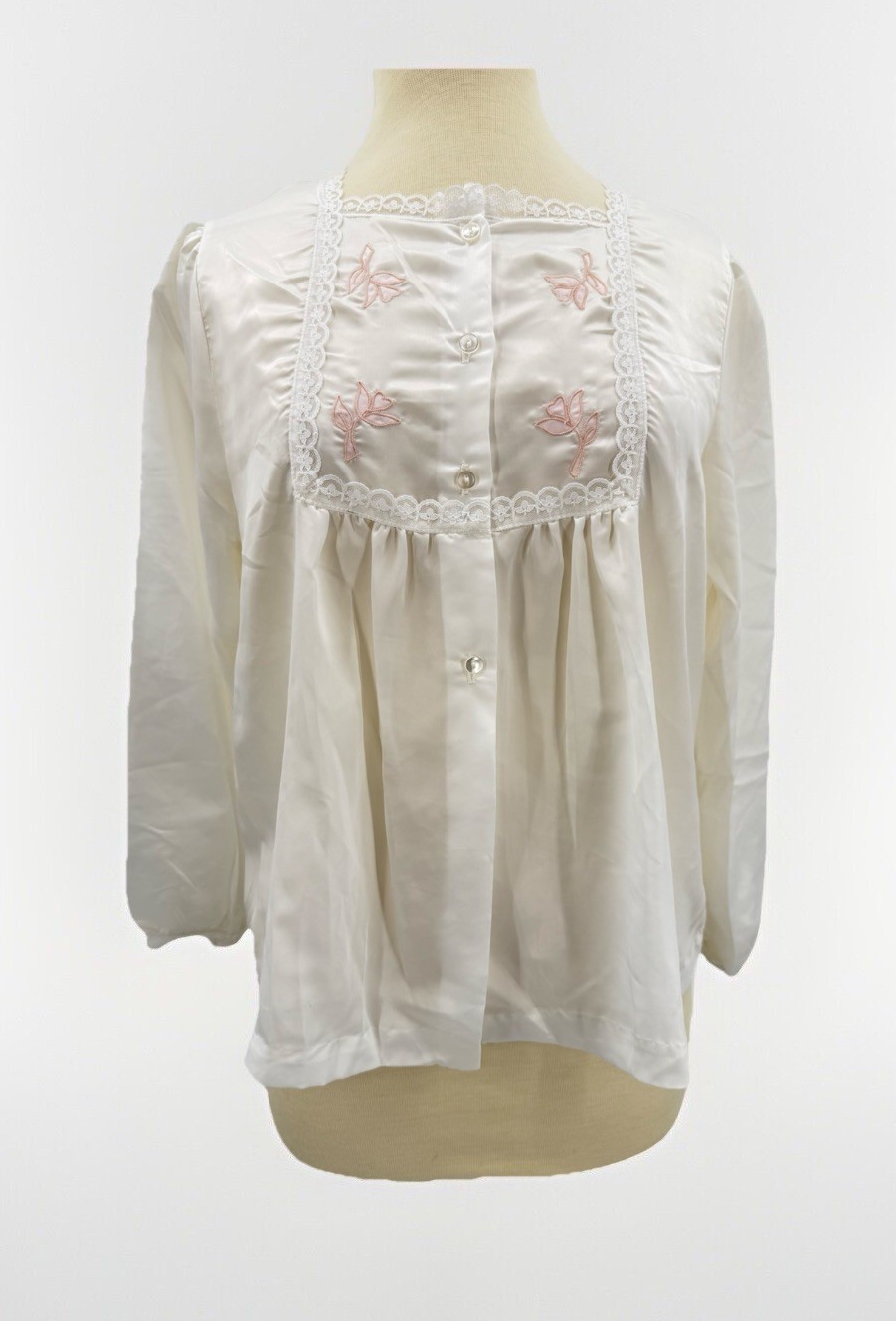 Vintage Barbizon Lounge Wear White Bed Jacket Medium Satin Floral Embroidered