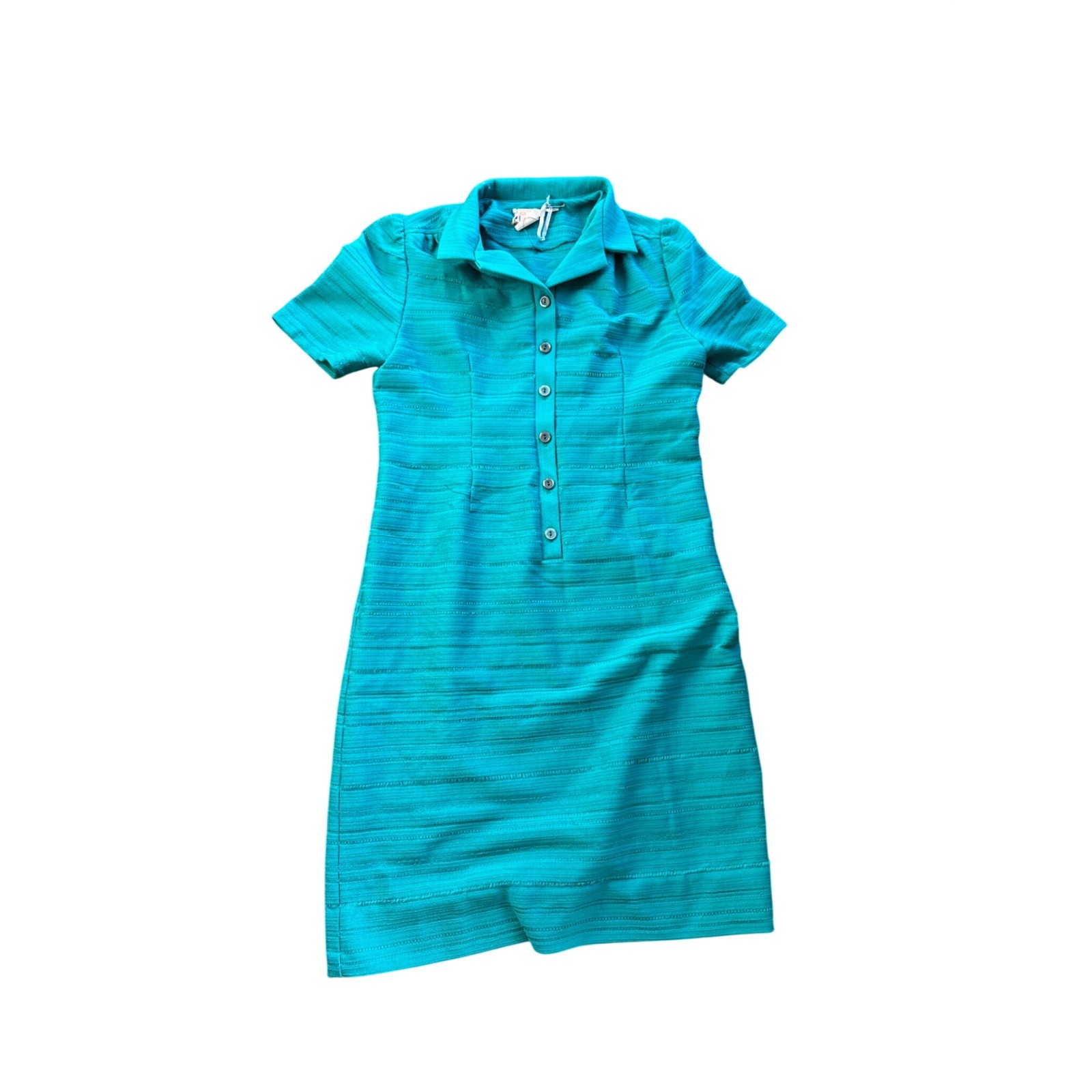 Vintage Marty Gutmacher Teal Blue Textured Knit Short Sleeve Shift Dress 3081