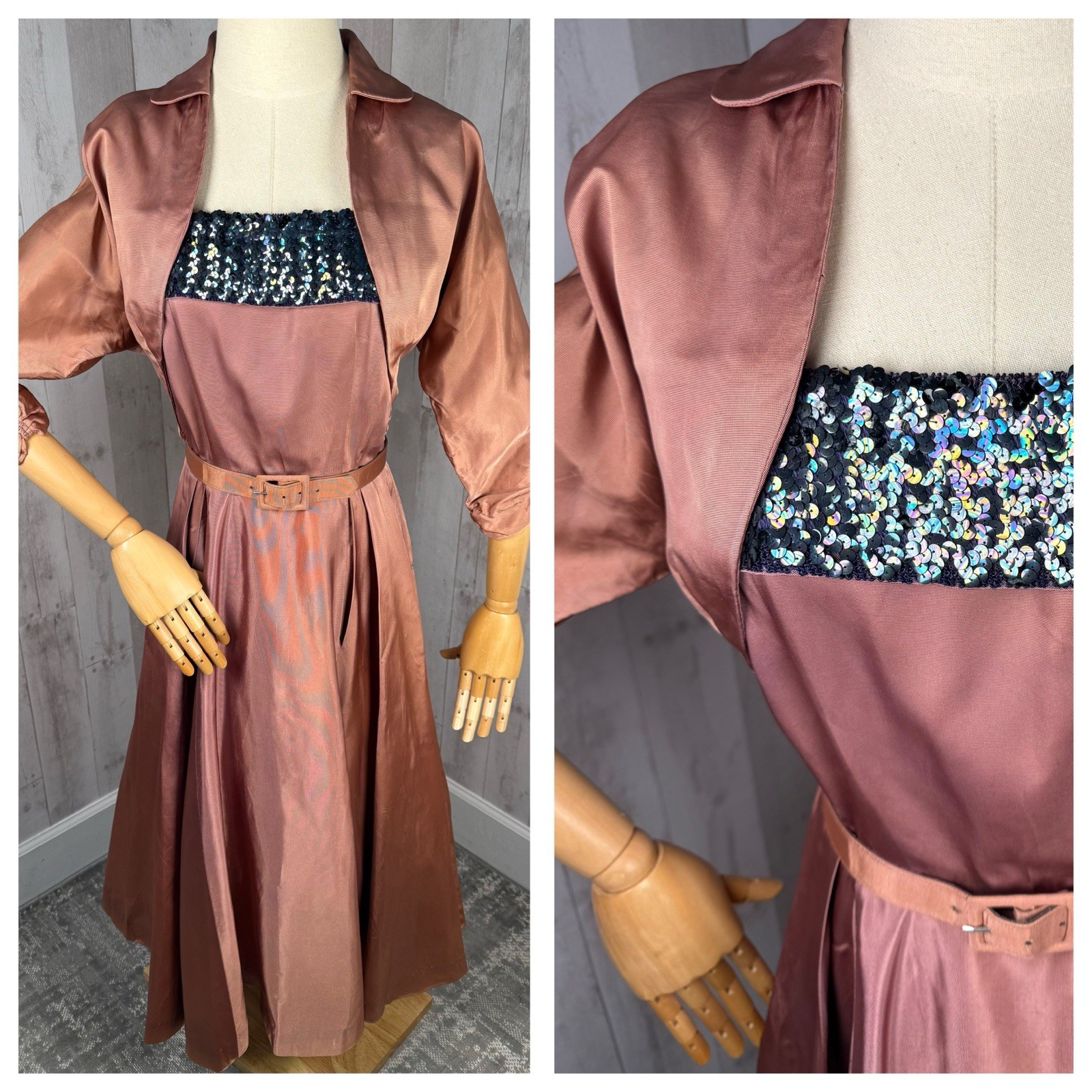 Vintage 1950s DRESS Mancini Aline Party Cocktail 2pc Outfit Iridescent Sequins S