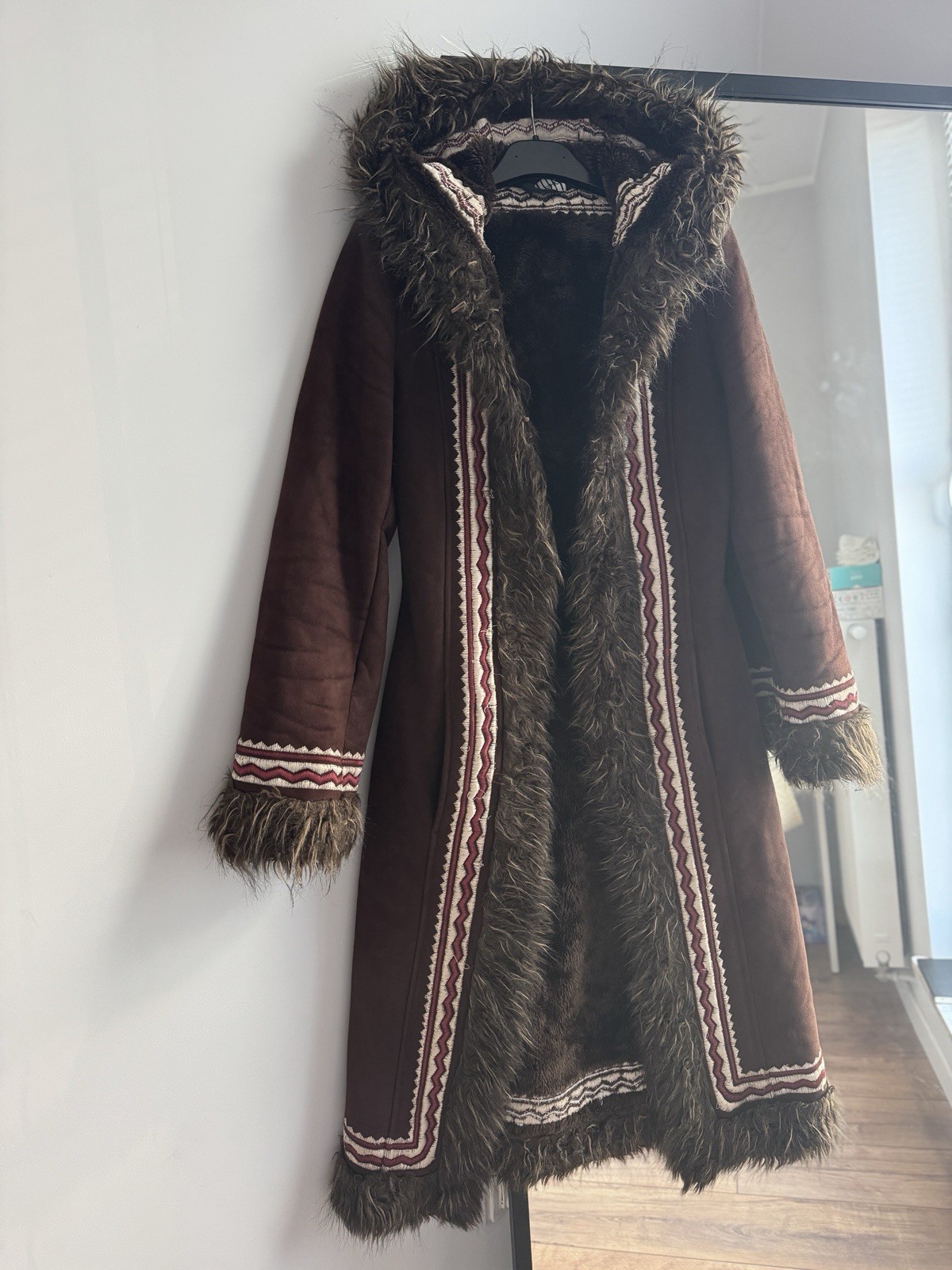 VINTAGE BOHO PENNY LANE AFGHAN STYLE FAUX FUR EMBROIDERED COAT FROM TOP SHOP 8 S
