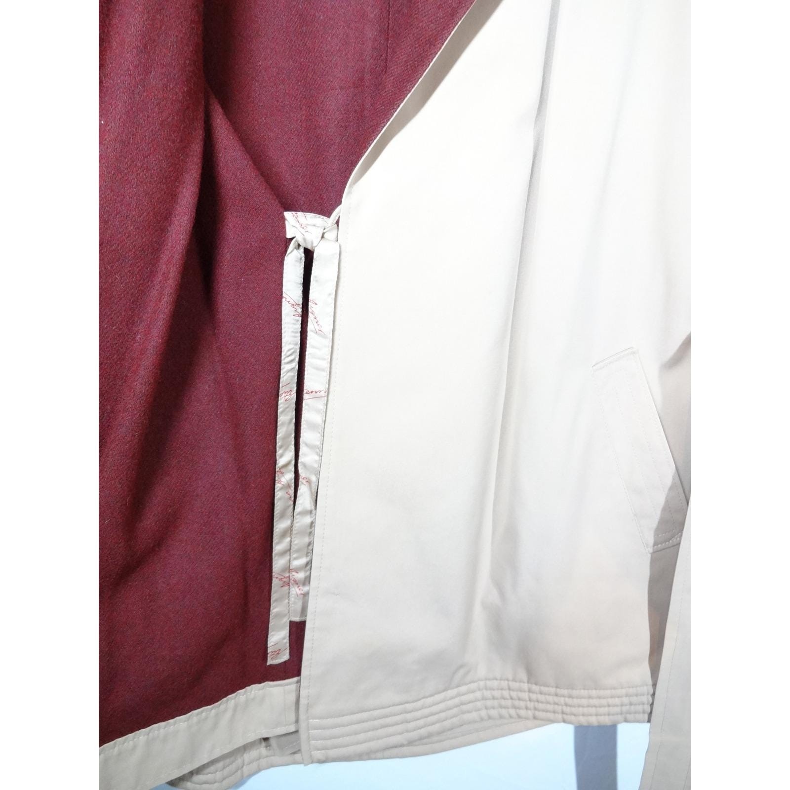 VTG Etienne Aigner Crop Trench Coat L Tan Burgundy Hood Belted Jacket and Gloves