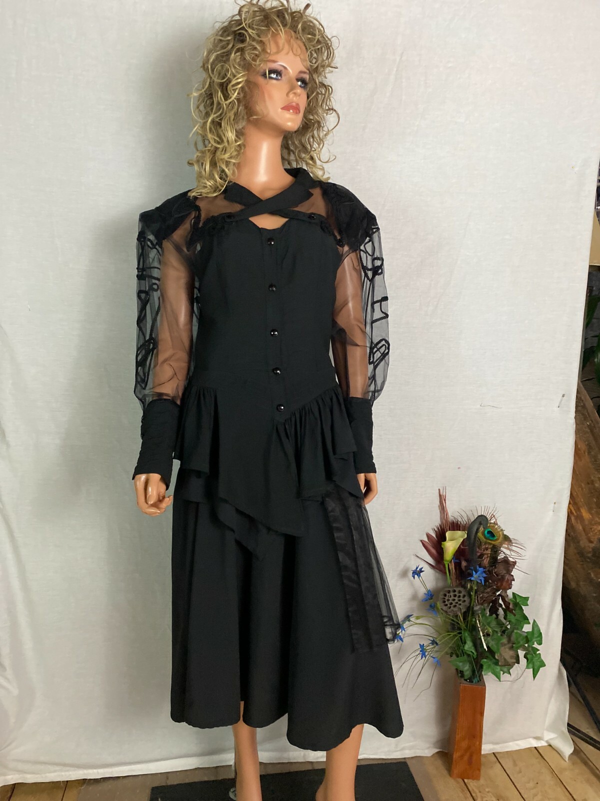 VTG 80s Stevie Nicks Style Black 2 PC Skirt Top Overlay Sheer Goth Steampunk M