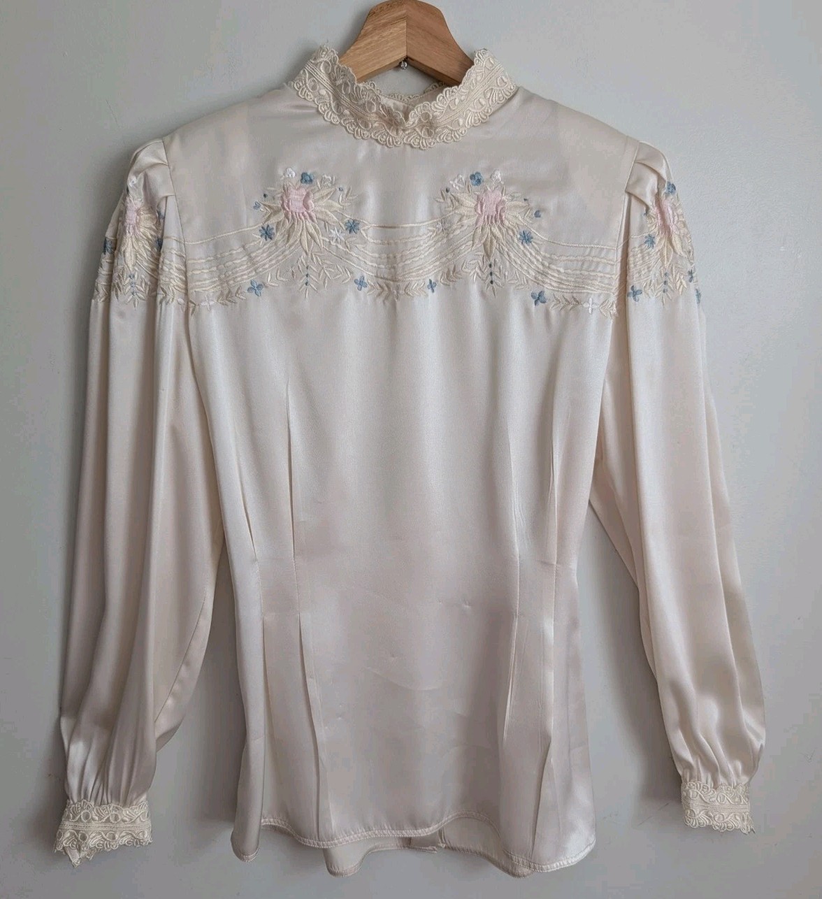 Vintage 1980s Satin Blouse Victorian Cottage Embroidered Lace High Neck Feminine