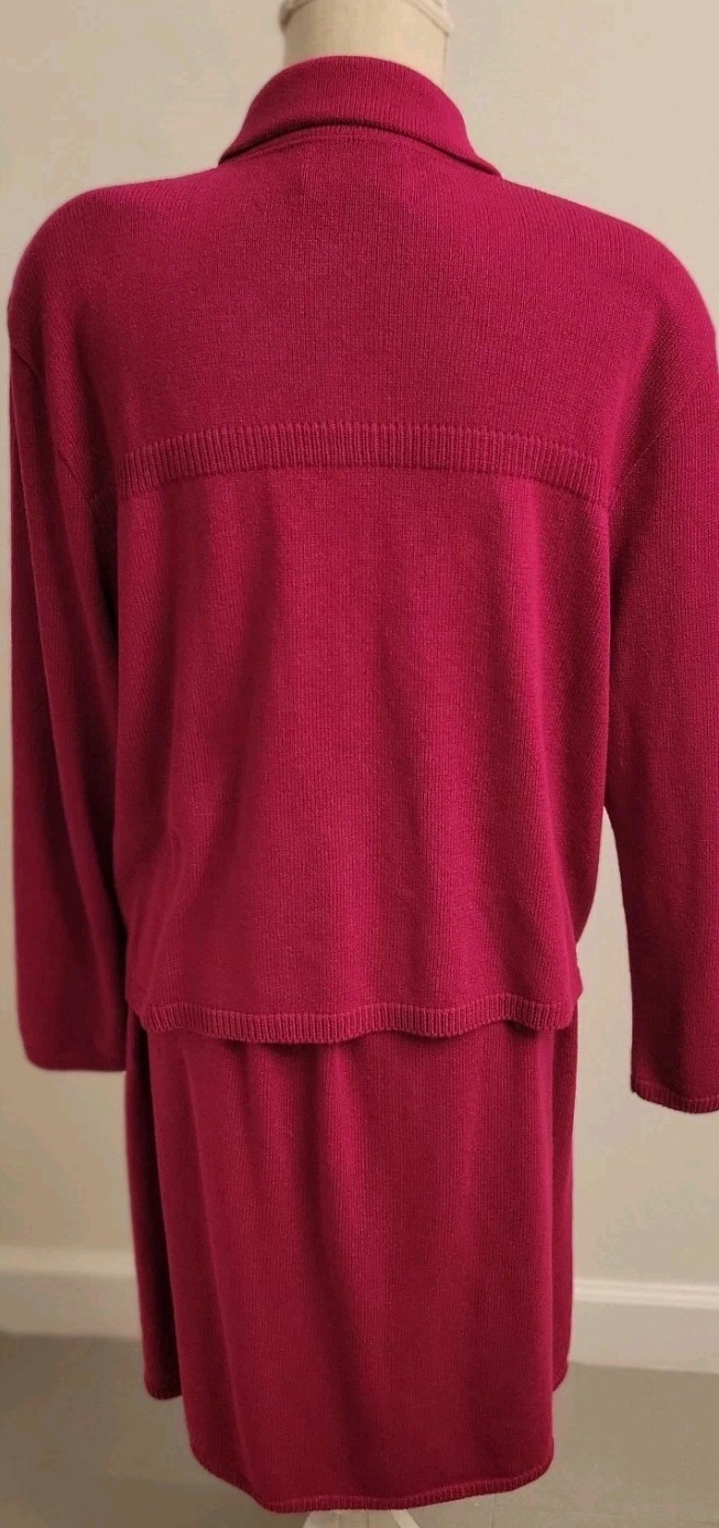 Vtg Knit Skirt Suit Lg 2Pc Laura Alyzia 70’s Fushsia Sweater Shoulder Pad USA