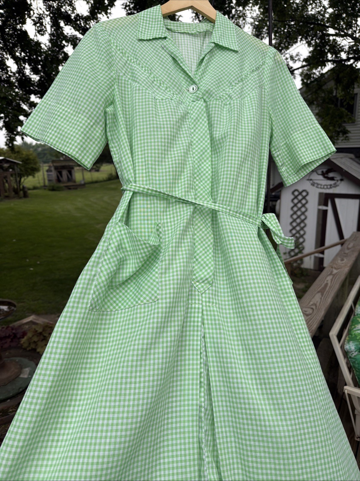 Vintage Cotton Day Dress Green Gingham Pocket Handmade Mumu Grandmacore 1950’s