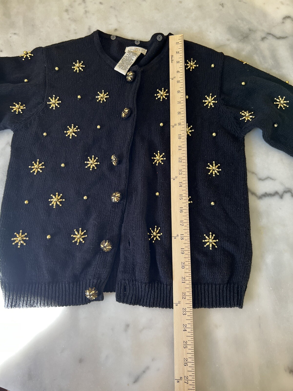 VTG YARNWORKS BLACK Xmas Sweater GOLD Stars Size Small