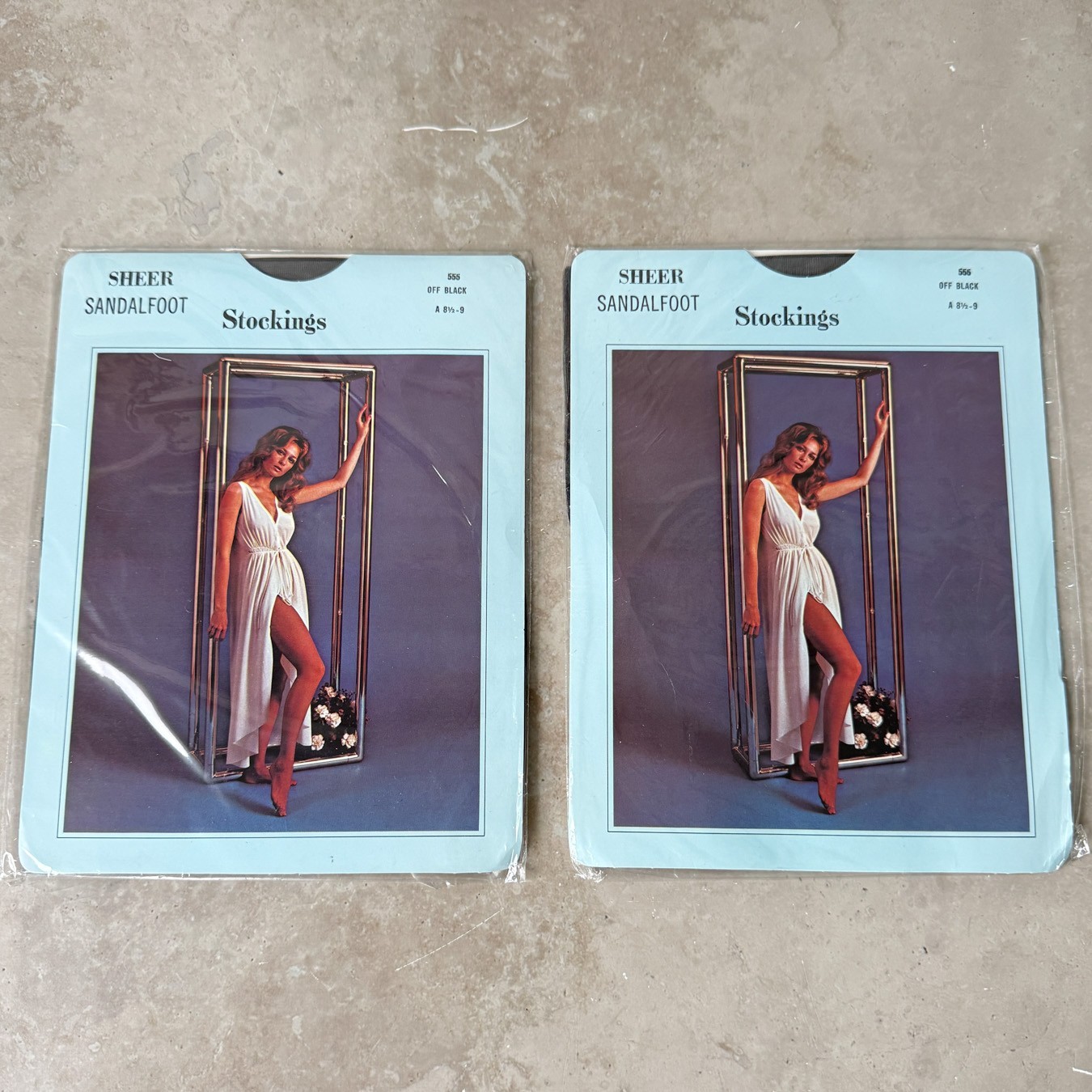 Vtg LOT OF 2 pr 70s Sheer Sandalfoot Hosiery Off Black NOS Stockings sz 8 1/2-9