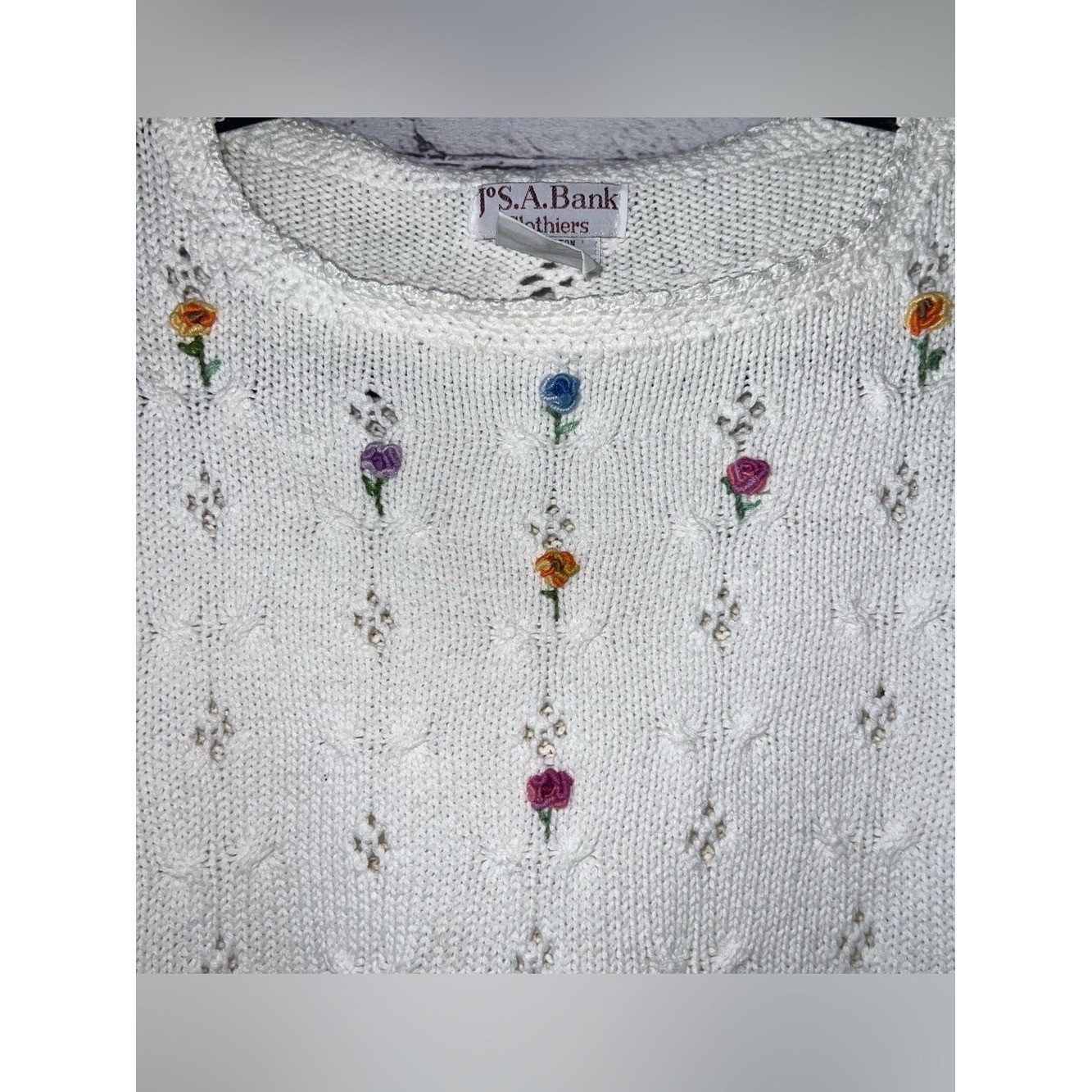 Jos. A. Banks Vintage Women’s Cotton Short Sleeve Sweater Embroidered Flower
