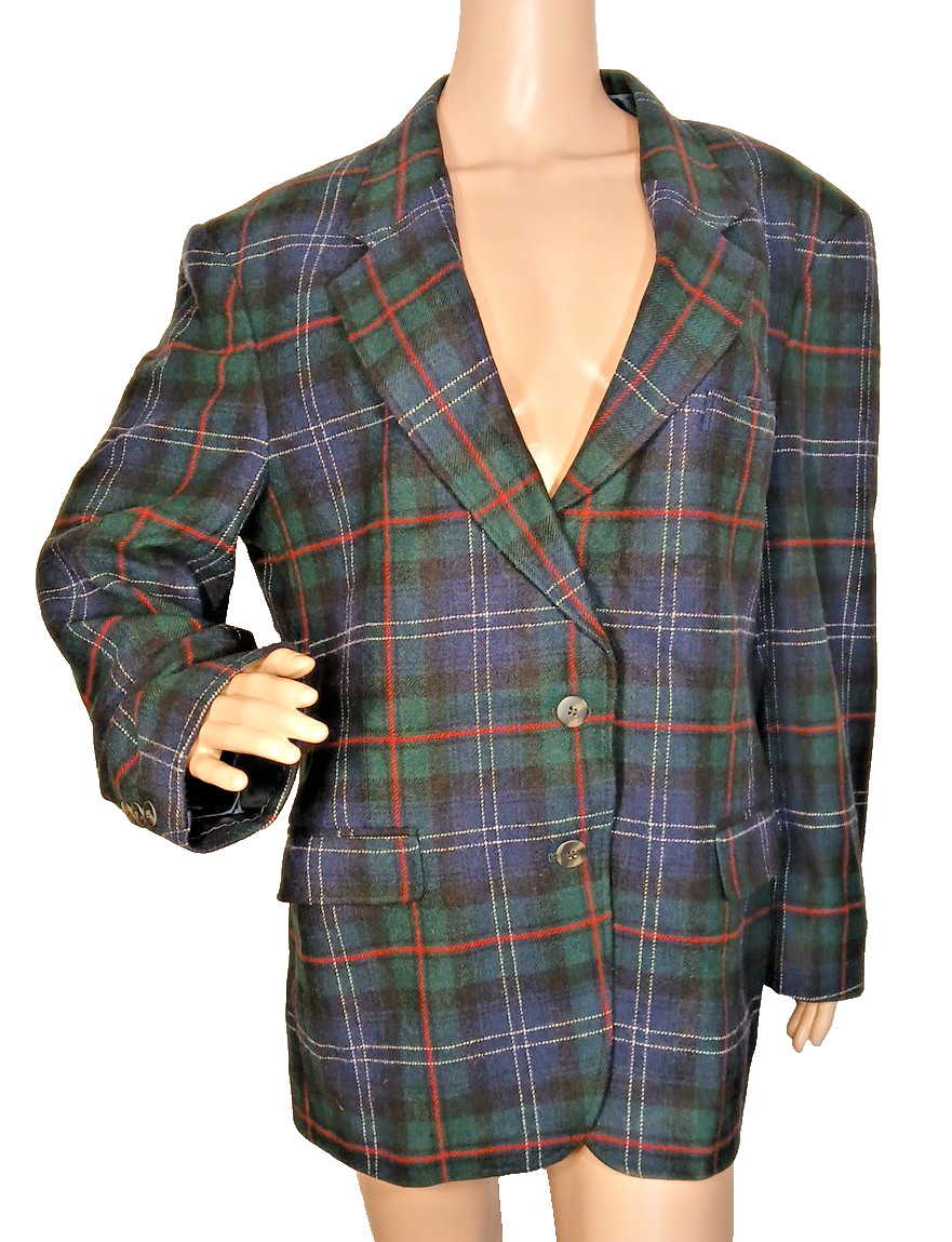 Woolrich Women’s M Green & Blue Plaid Wool Nylon Blazer Vintage Jacket T27