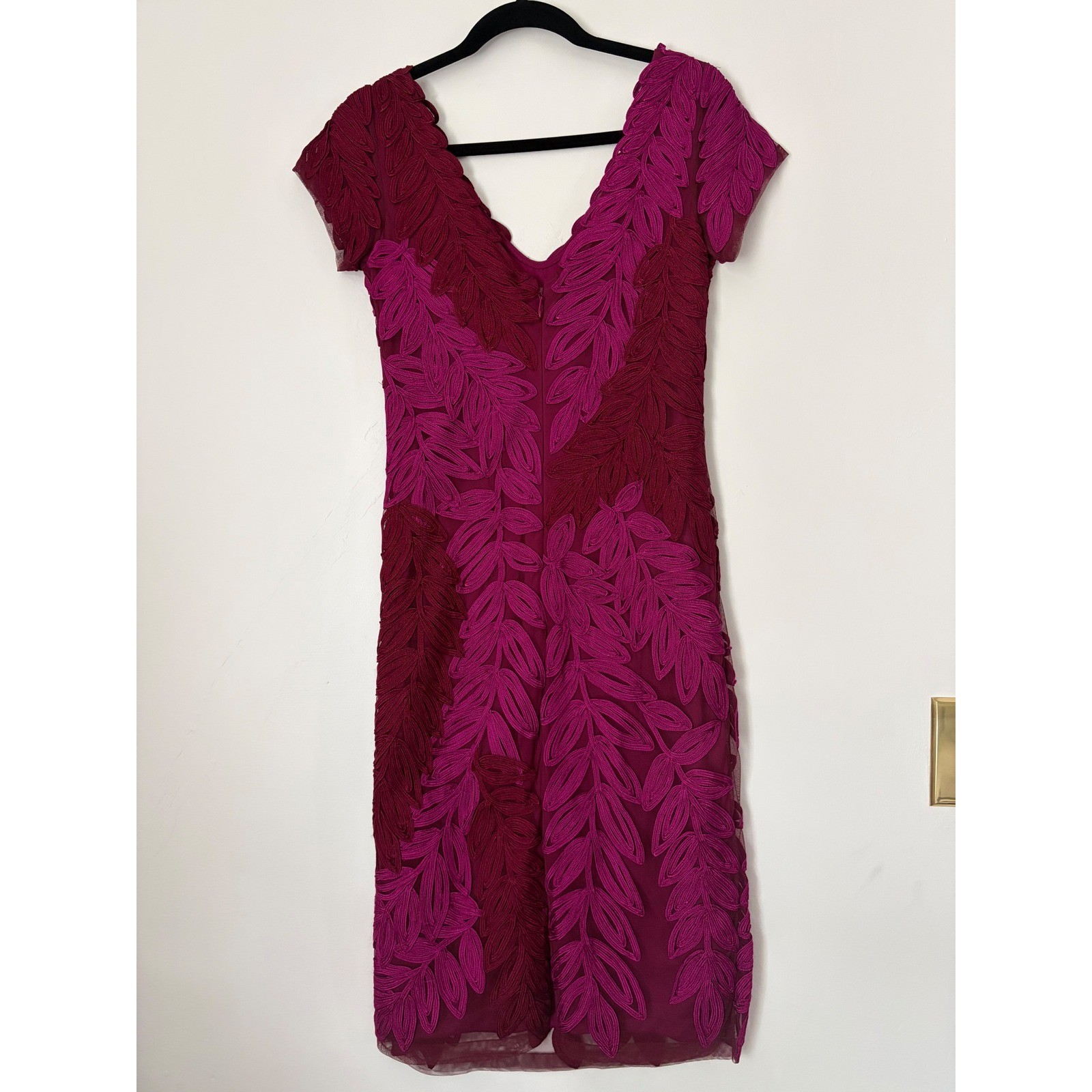 JS Collection Hot Pink Plum Soutache V-neck Midi Dress Leaf Embroidery size 4